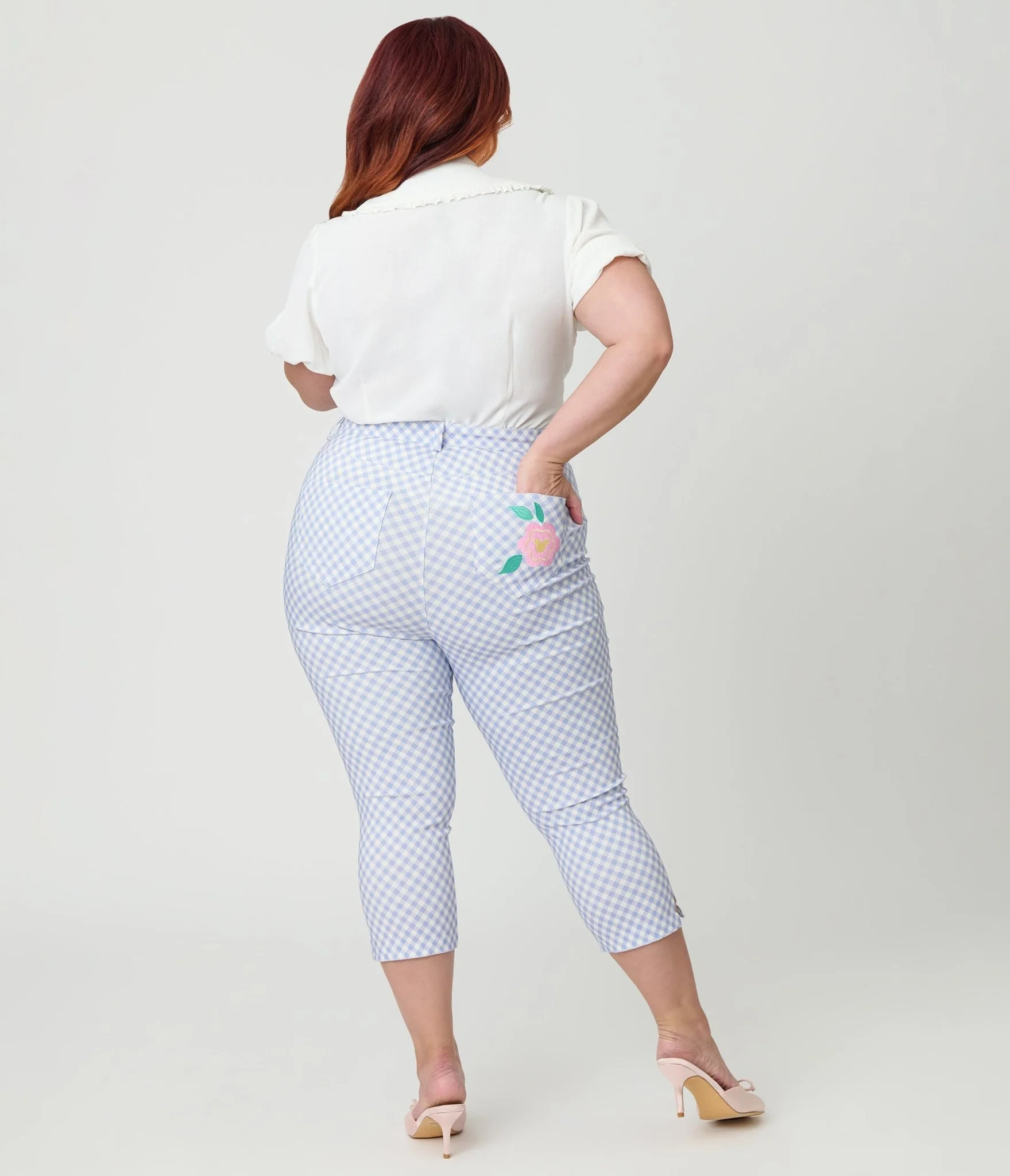 Disney Mickey & Friends Collection by Unique Vintage Plus Size Blue Gingham Rachelle Capri Pants - Image 3