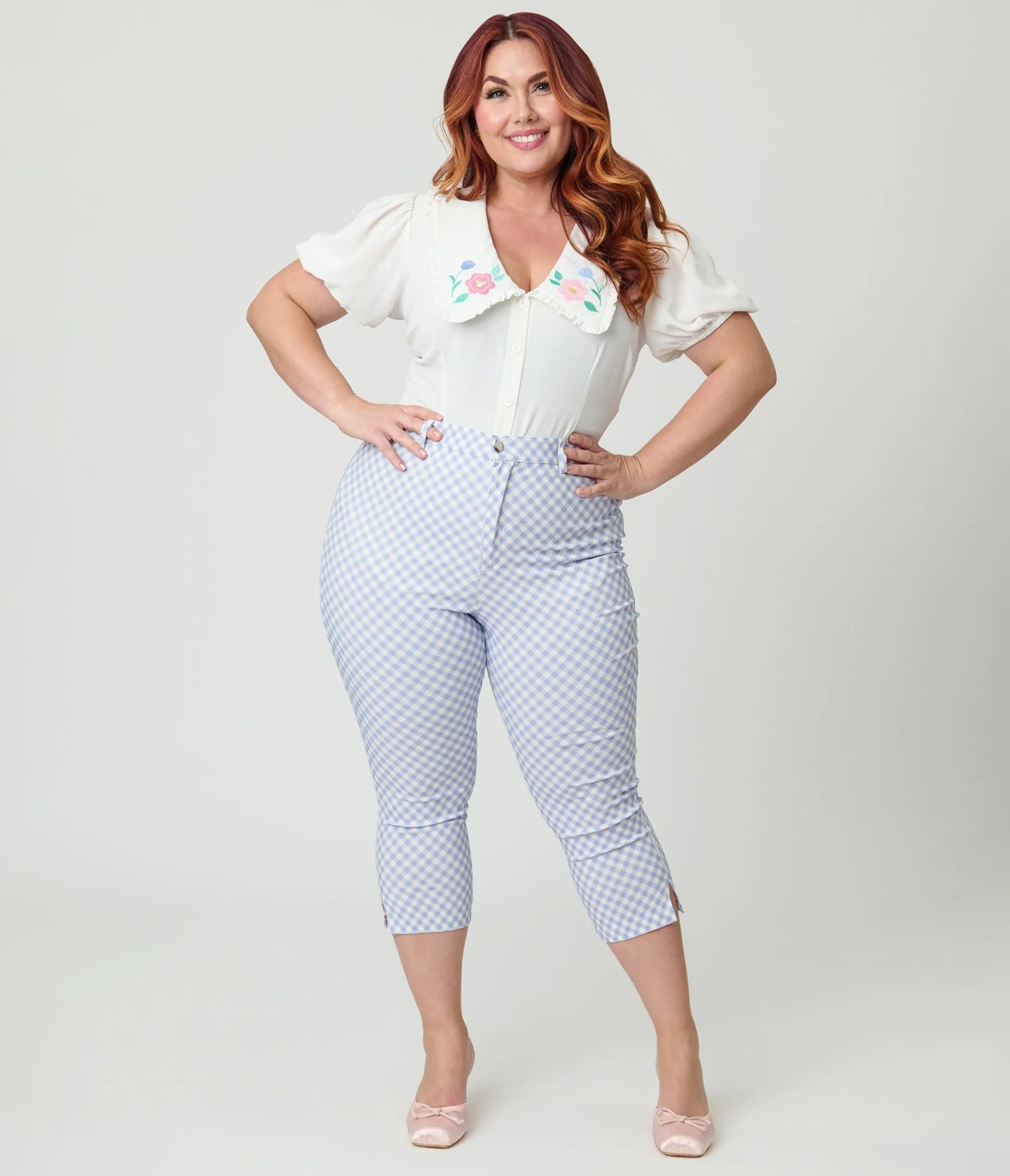 Disney Mickey & Friends Collection by Unique Vintage Plus Size Blue Gingham Rachelle Capri Pants - Image 4