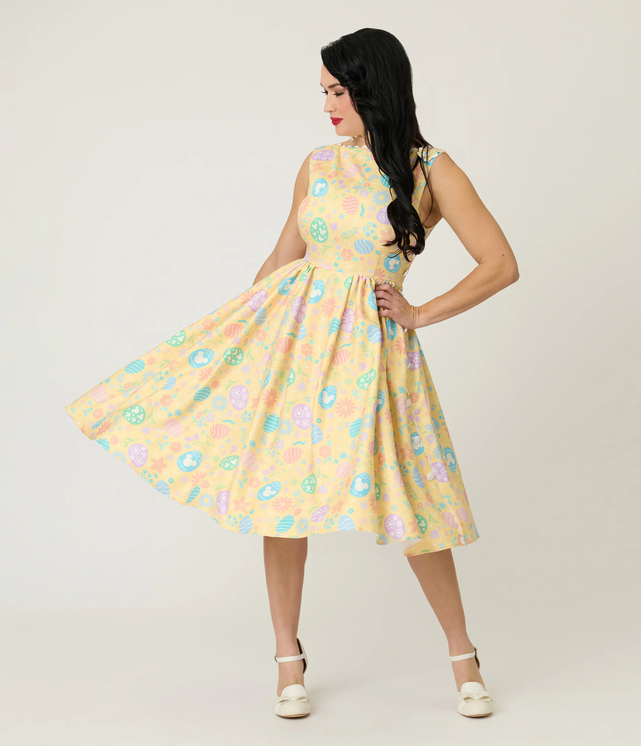 Disney Mickey & Friends Collection by Unique Vintage Yellow & Easter Egg Livvie Swing Dress - Image 3