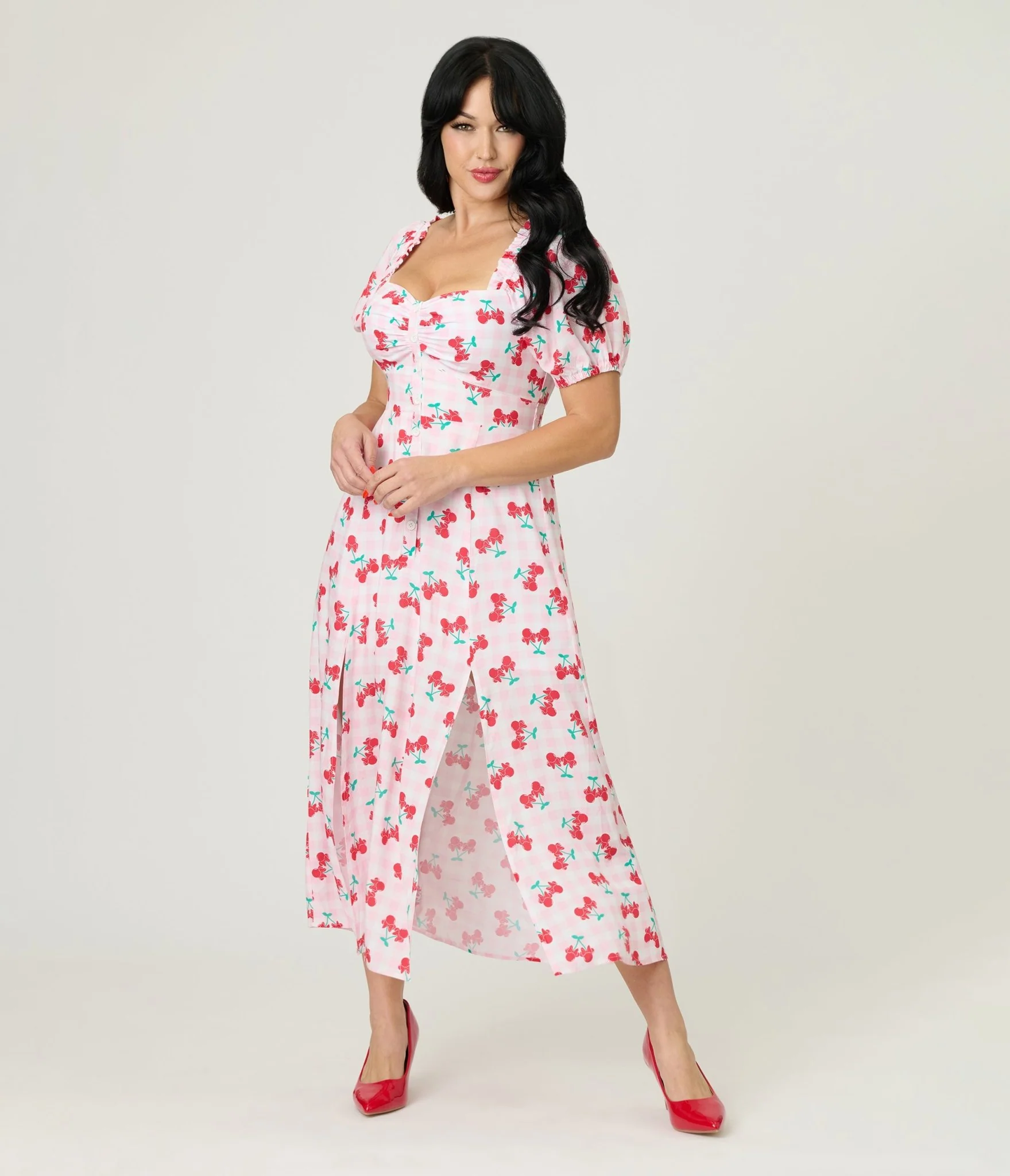 Disney Mickey & Friends Collection by Unique Vintage Pink & Minnie Cherries Midi Dress - Image 3