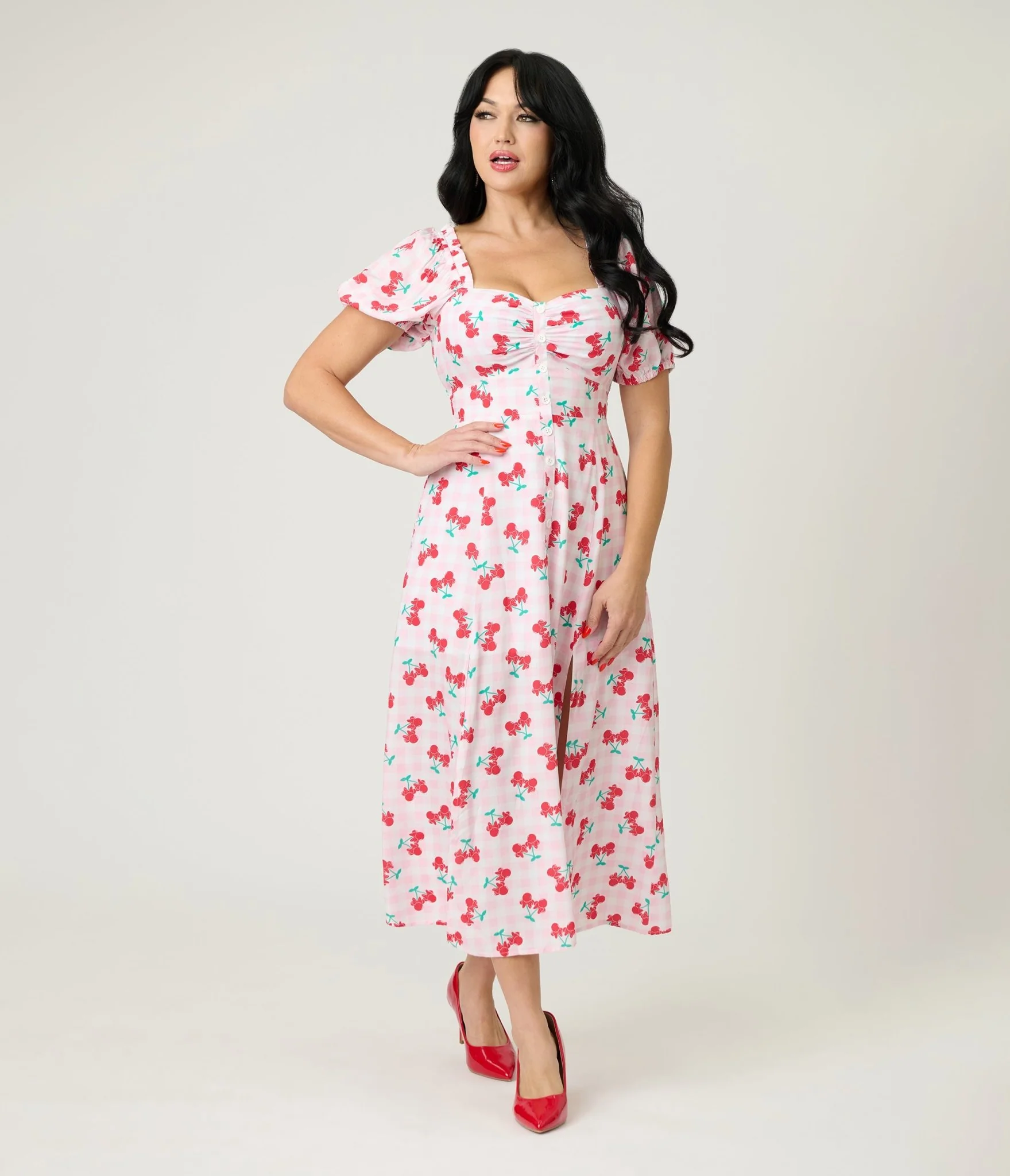 Disney Mickey & Friends Collection by Unique Vintage Pink & Minnie Cherries Midi Dress - Image 4