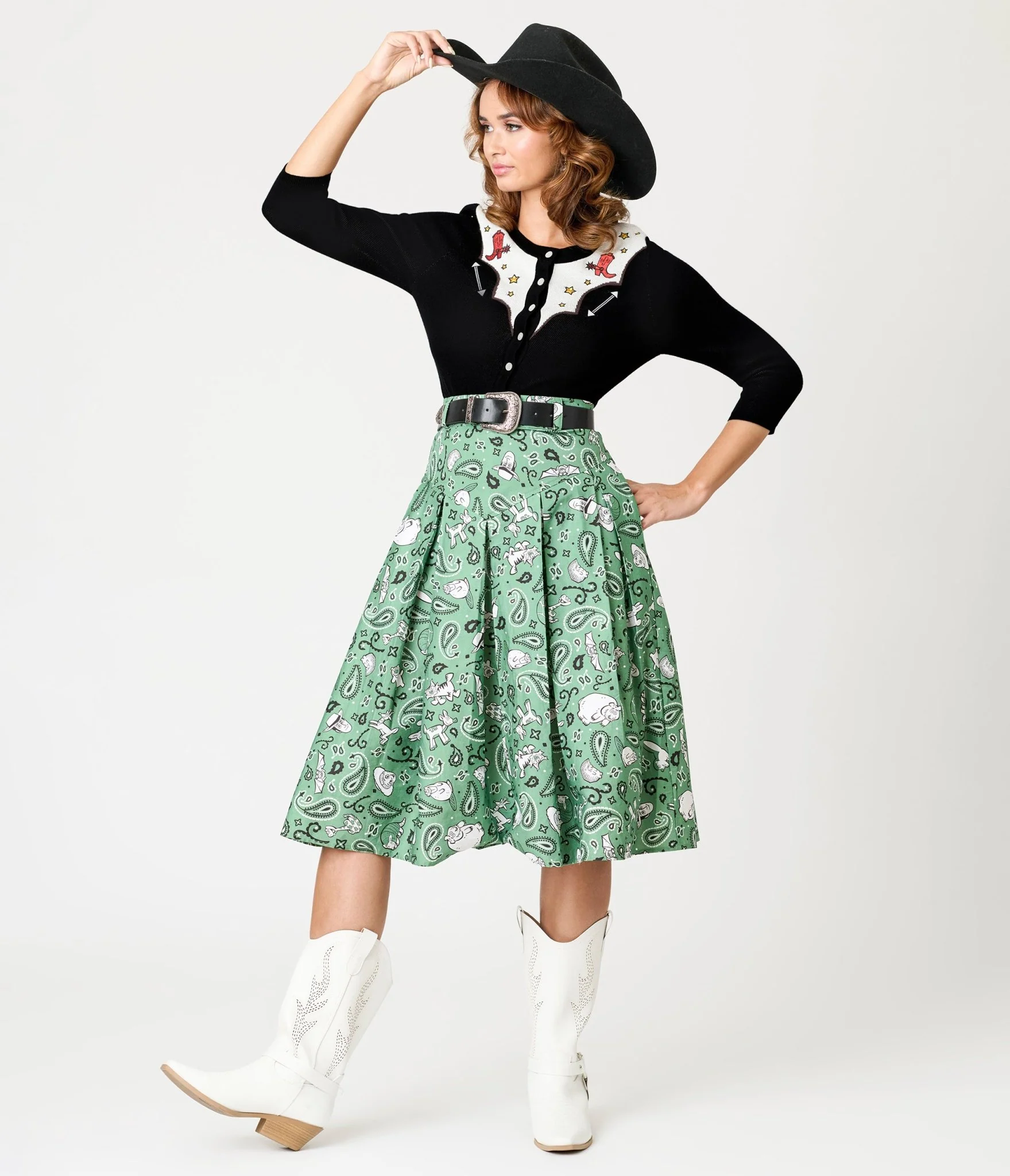 Disney Pixar Toy Story Collection by Unique Vintage Sage Green Woody & Jessie Bandana Print Midi Skirt