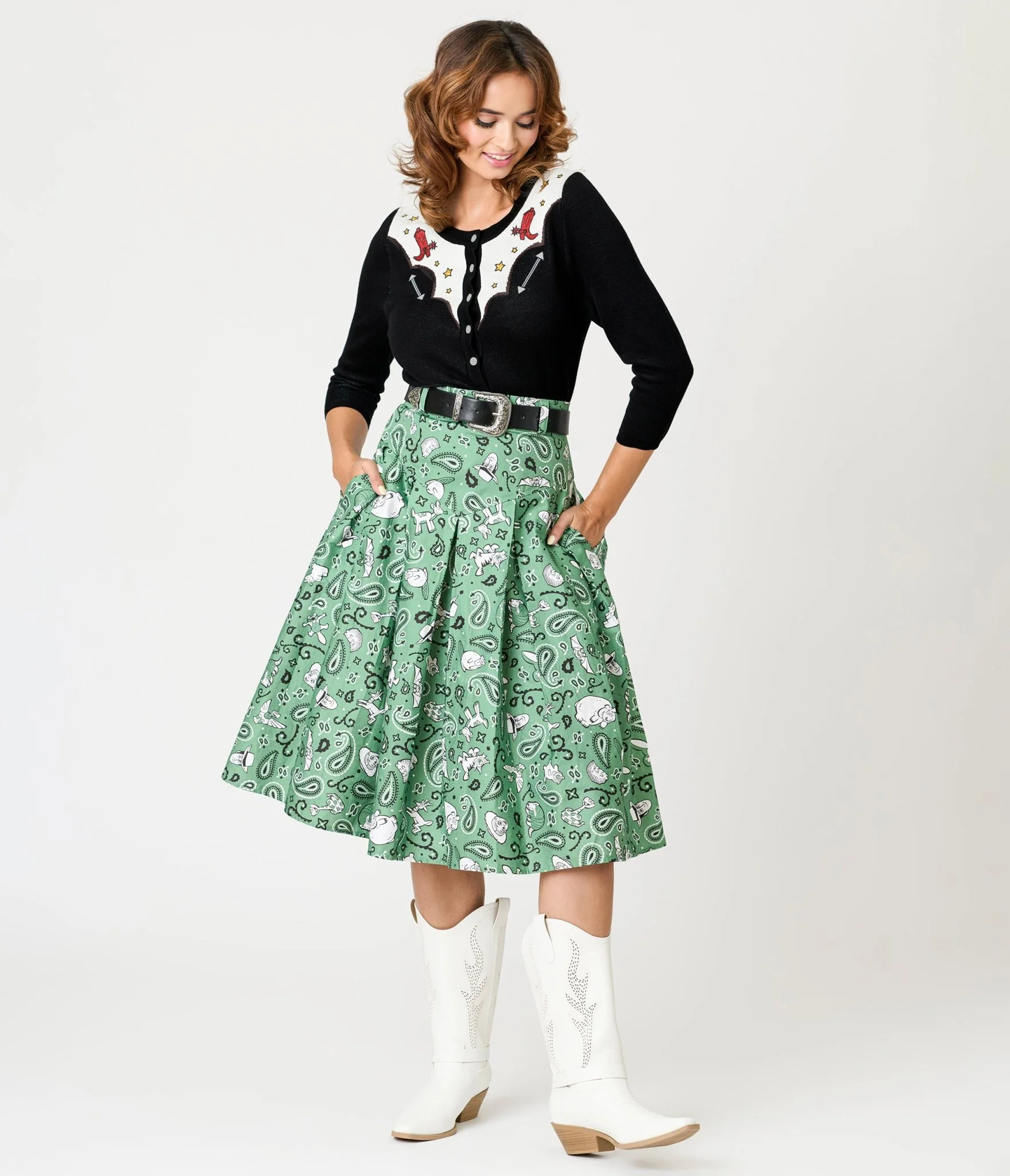 Disney Pixar Toy Story Collection by Unique Vintage Sage Green Woody & Jessie Bandana Print Midi Skirt - Image 4