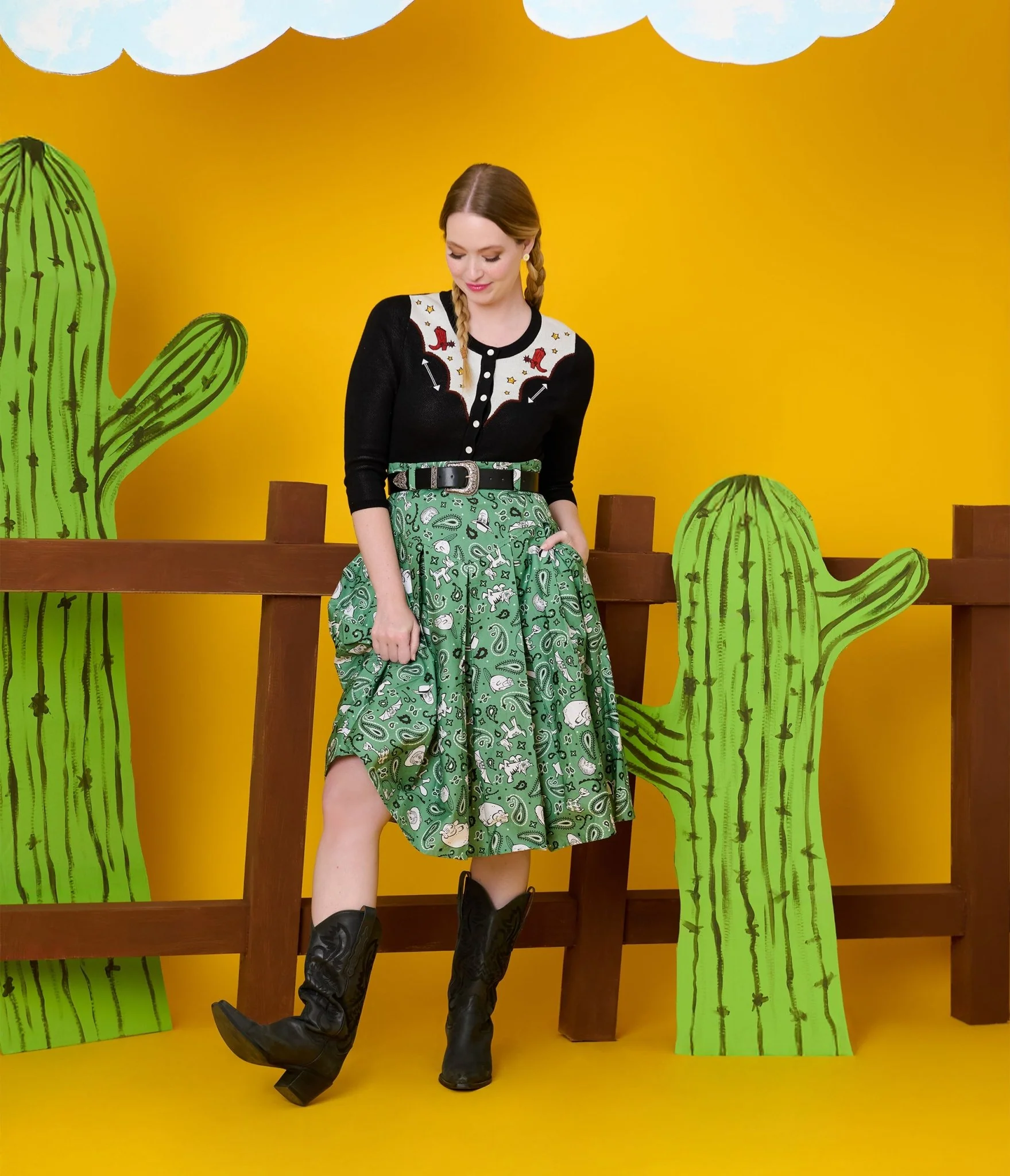 Disney Pixar Toy Story Collection by Unique Vintage Sage Green Woody & Jessie Bandana Print Midi Skirt - Image 5