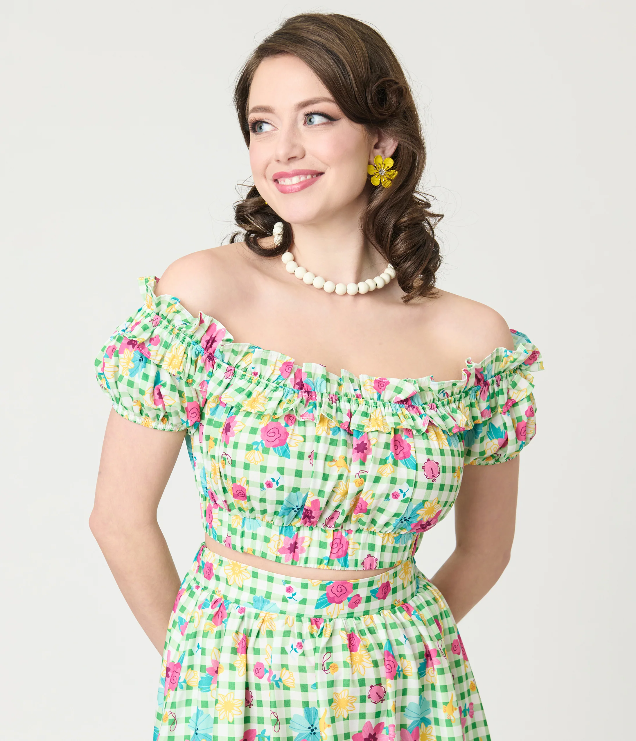 Disney Princess Collection by Unique Vintage Green Gingham Princess Floral Ruffle Up Crop Top - Image 3