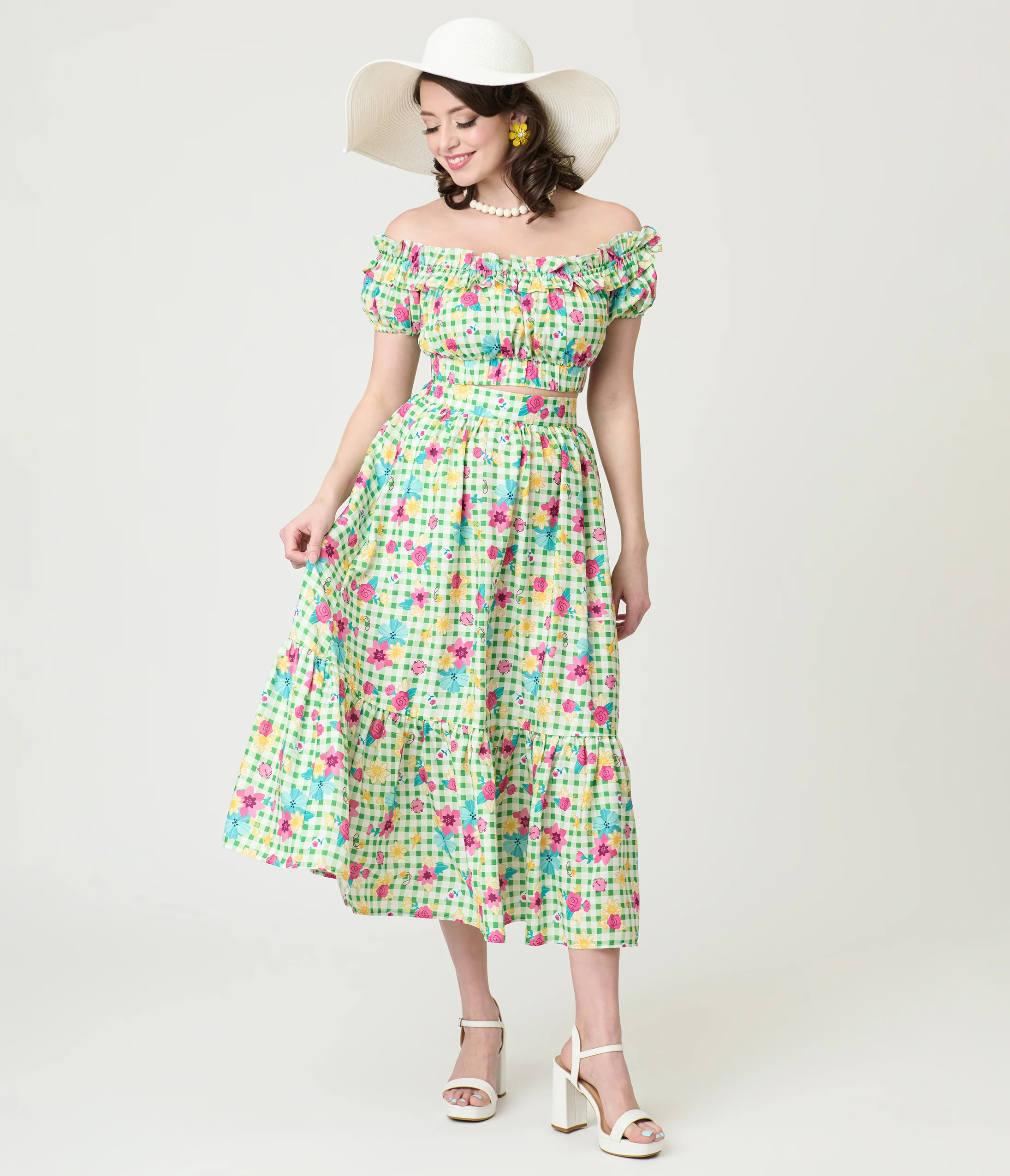 Disney Princess Collection by Unique Vintage Green Gingham Princess Floral Ruffle Up Crop Top - Image 4