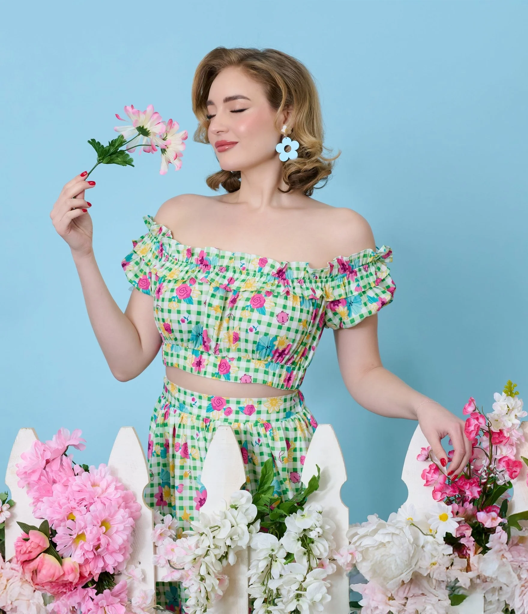 Disney Princess Collection by Unique Vintage Green Gingham Princess Floral Ruffle Up Crop Top - Image 5