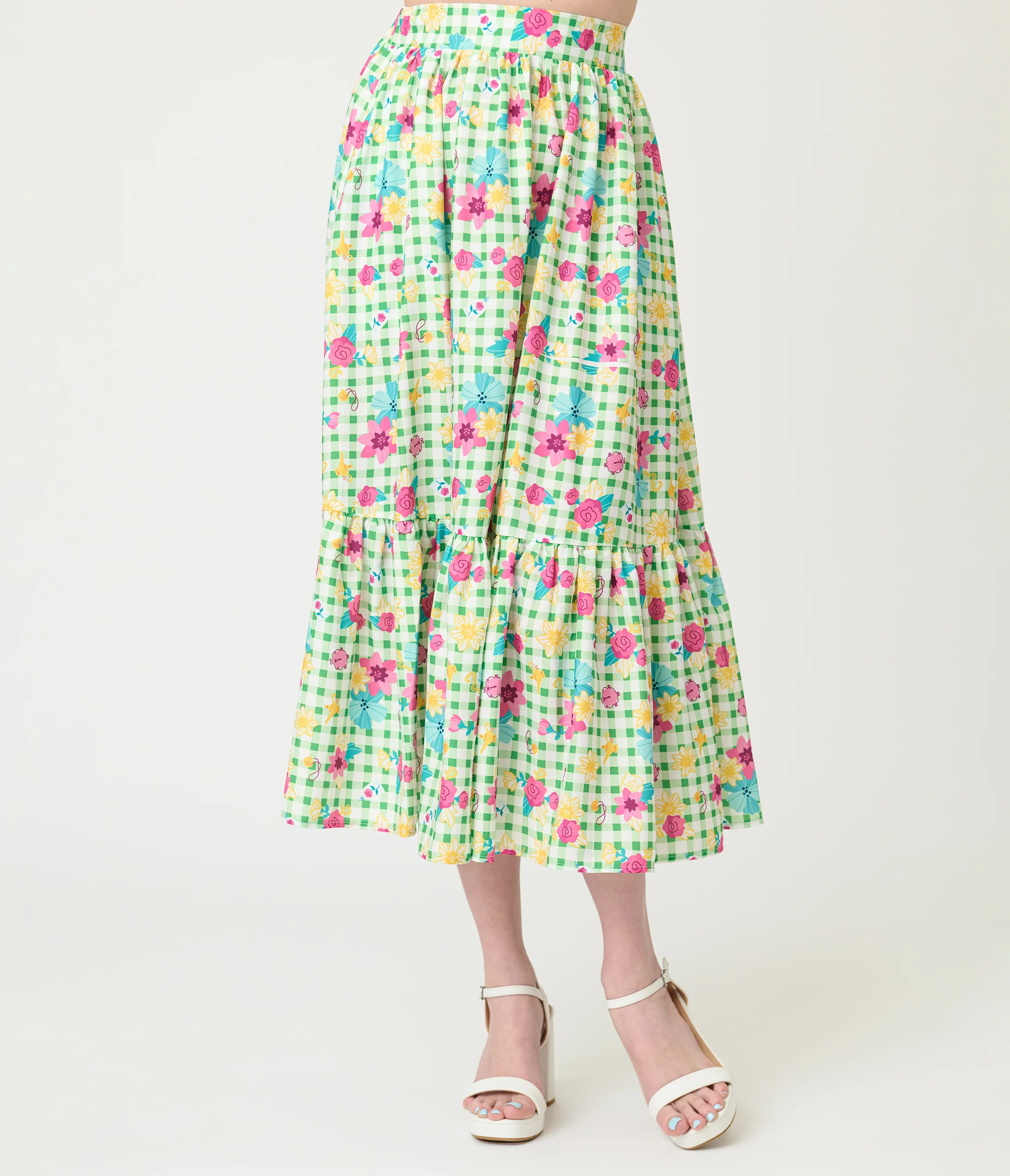 Disney Princess Collection by Unique Vintage Green Gingham Tiered Midi Skirt - Image 2