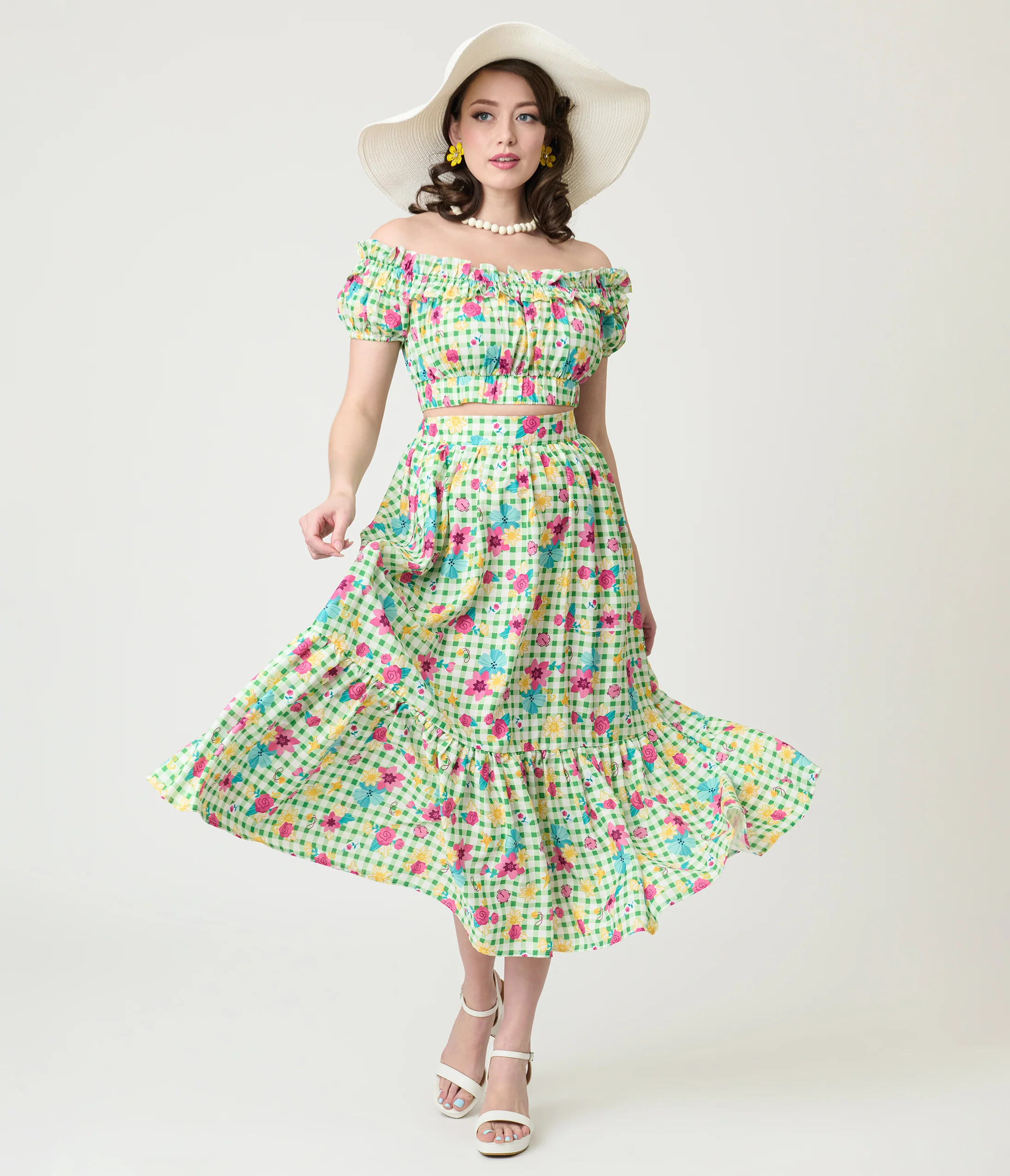 Disney Princess Collection by Unique Vintage Green Gingham Tiered Midi Skirt - Image 4