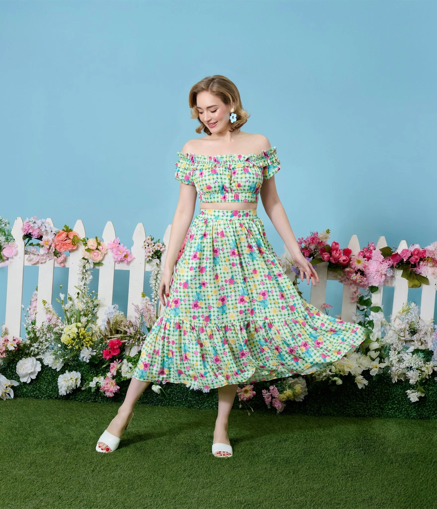 Disney Princess Collection by Unique Vintage Green Gingham Tiered Midi Skirt - Image 5