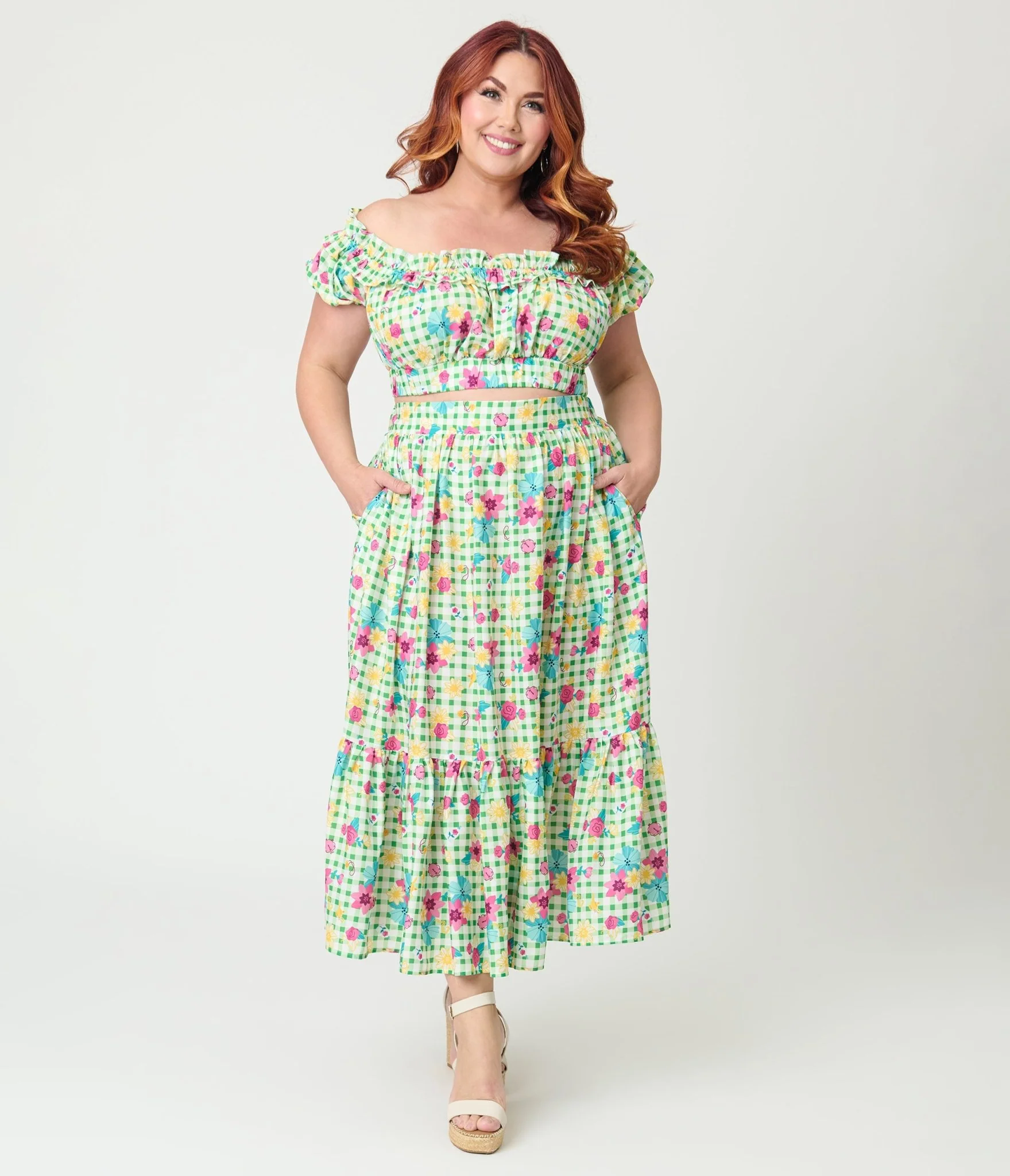 Disney Princess Collection by Unique Vintage Plus Size Green Gingham Tiered Midi Skirt - Image 4