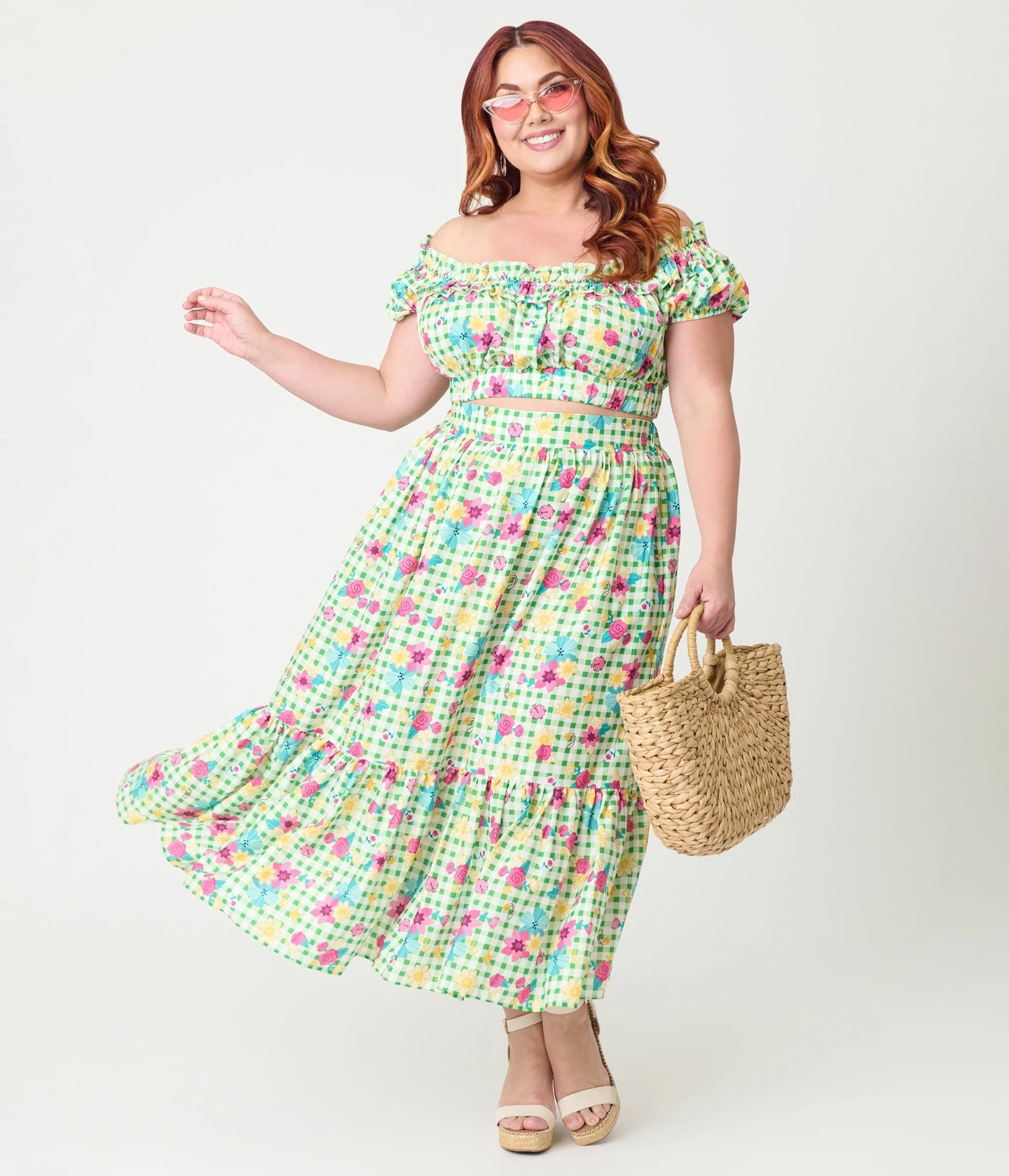 Disney Princess Collection by Unique Vintage Plus Size Green Gingham Ruffle Up Crop Top - Image 5