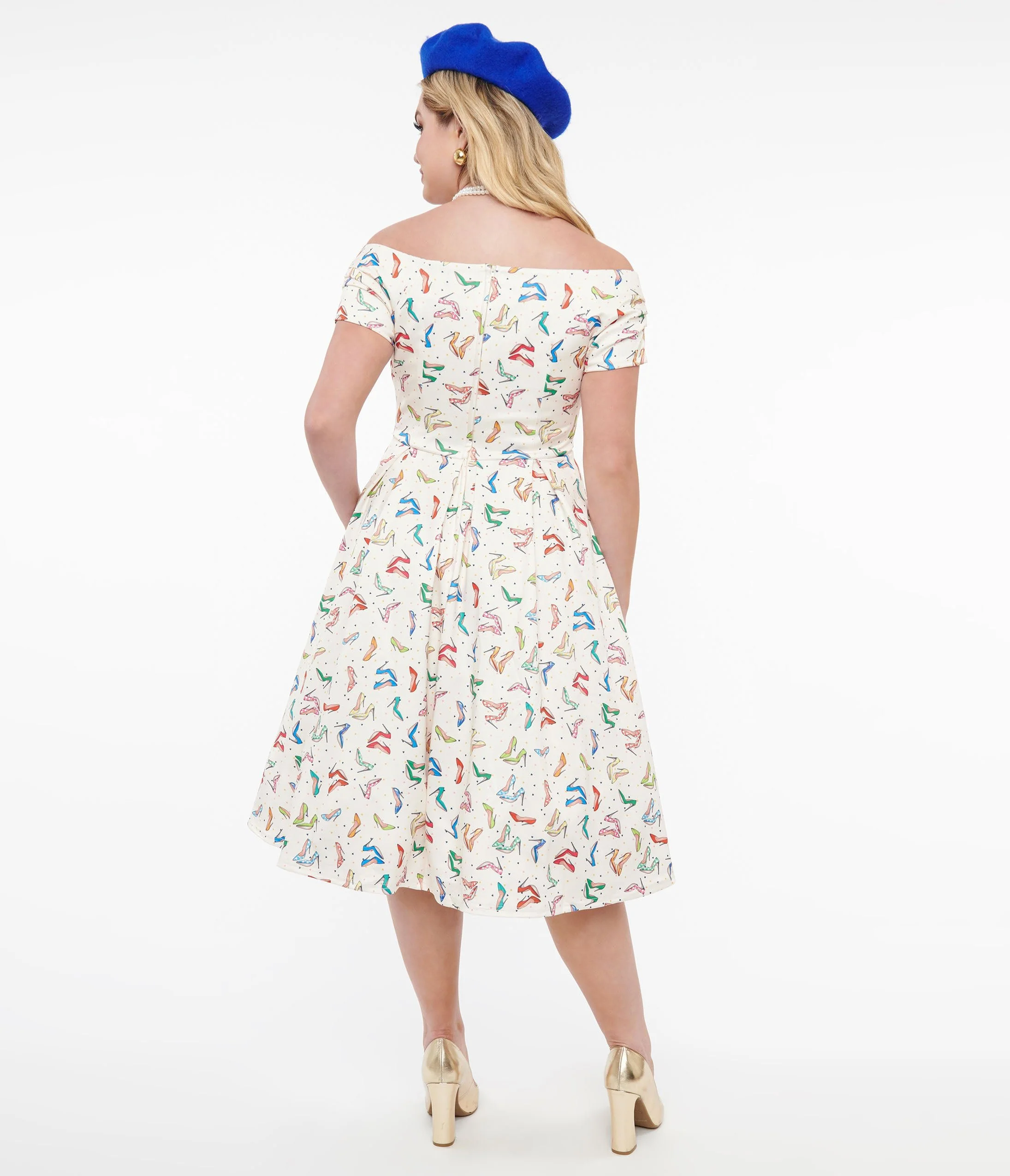 Dolly & Dotty 1950s Cream & Multicolor Heels Swing Dress - Image 3