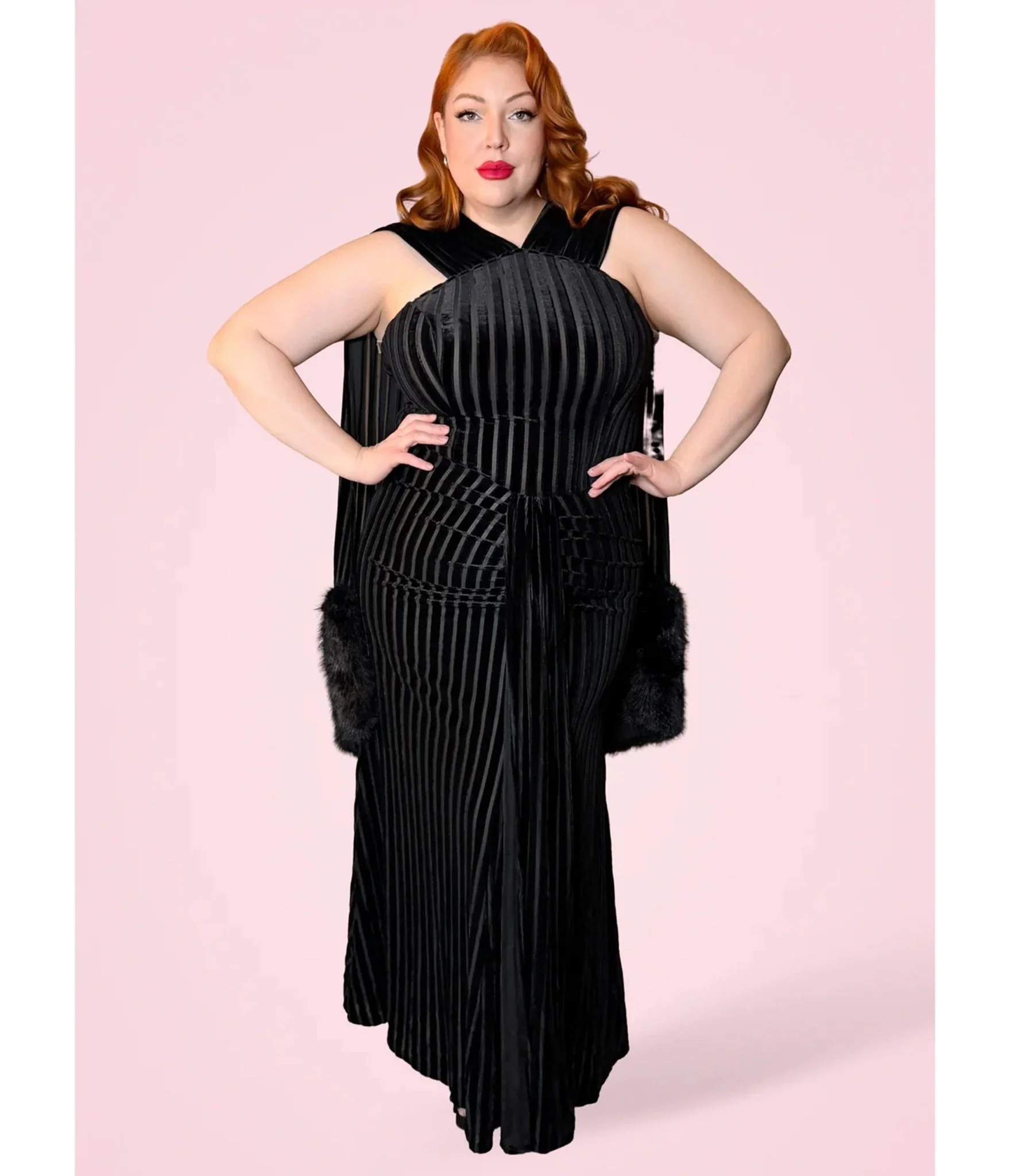 Elle Rebel Black Velvet Burnout Stripe Nocturne Gown