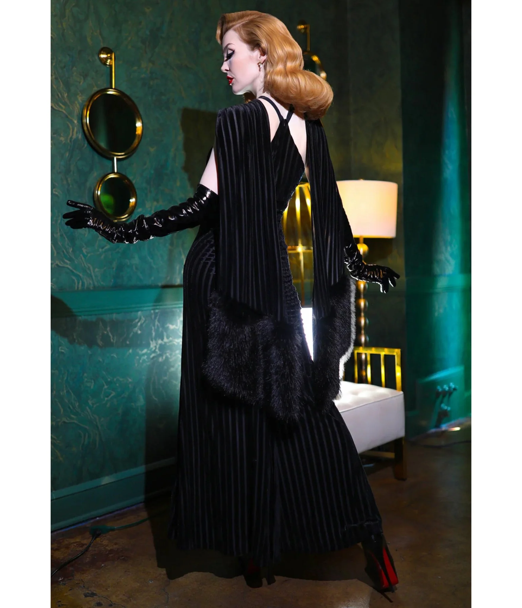 Elle Rebel Black Velvet Burnout Stripe Nocturne Gown - Image 3