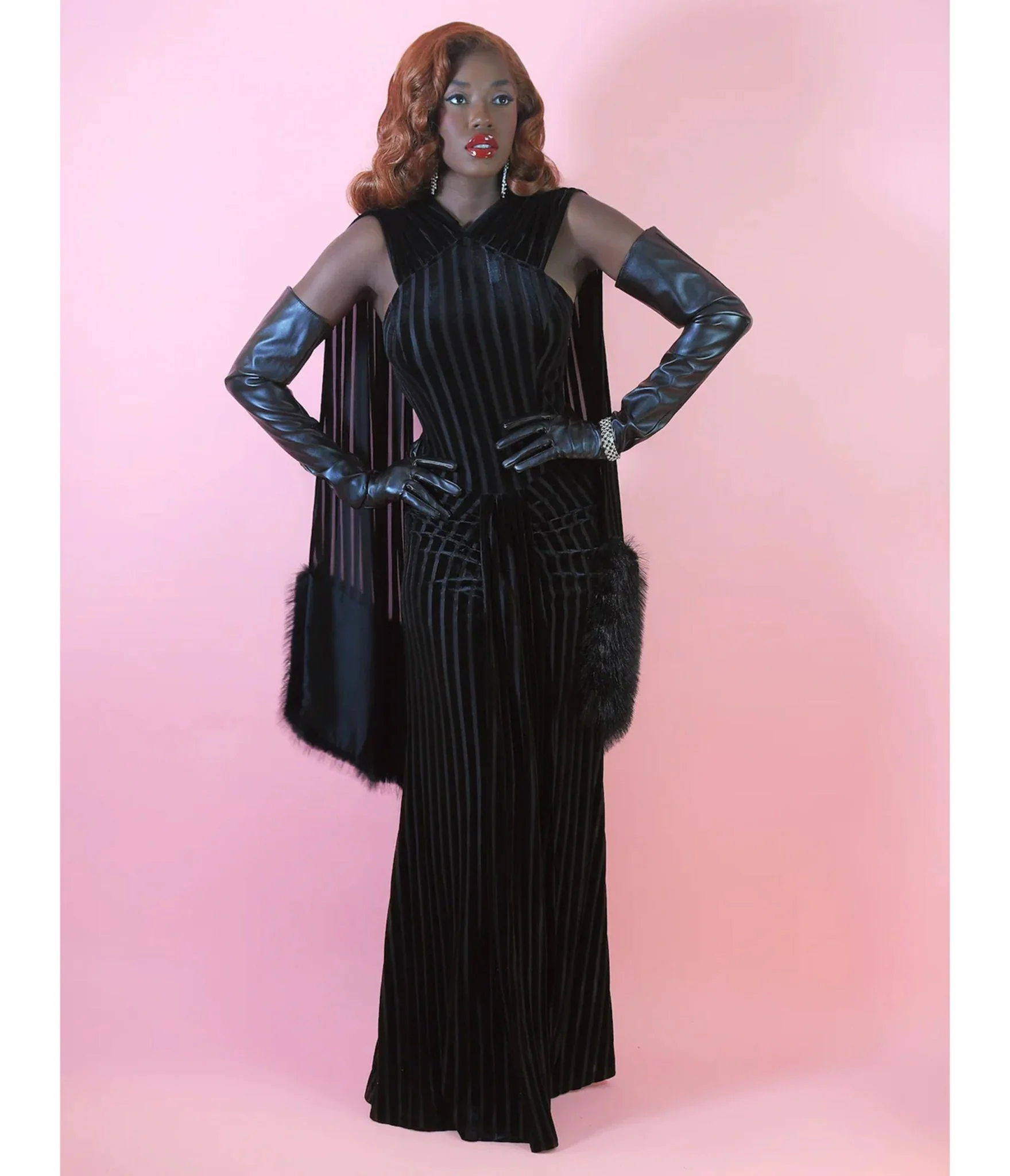 Elle Rebel Black Velvet Burnout Stripe Nocturne Gown - Image 5