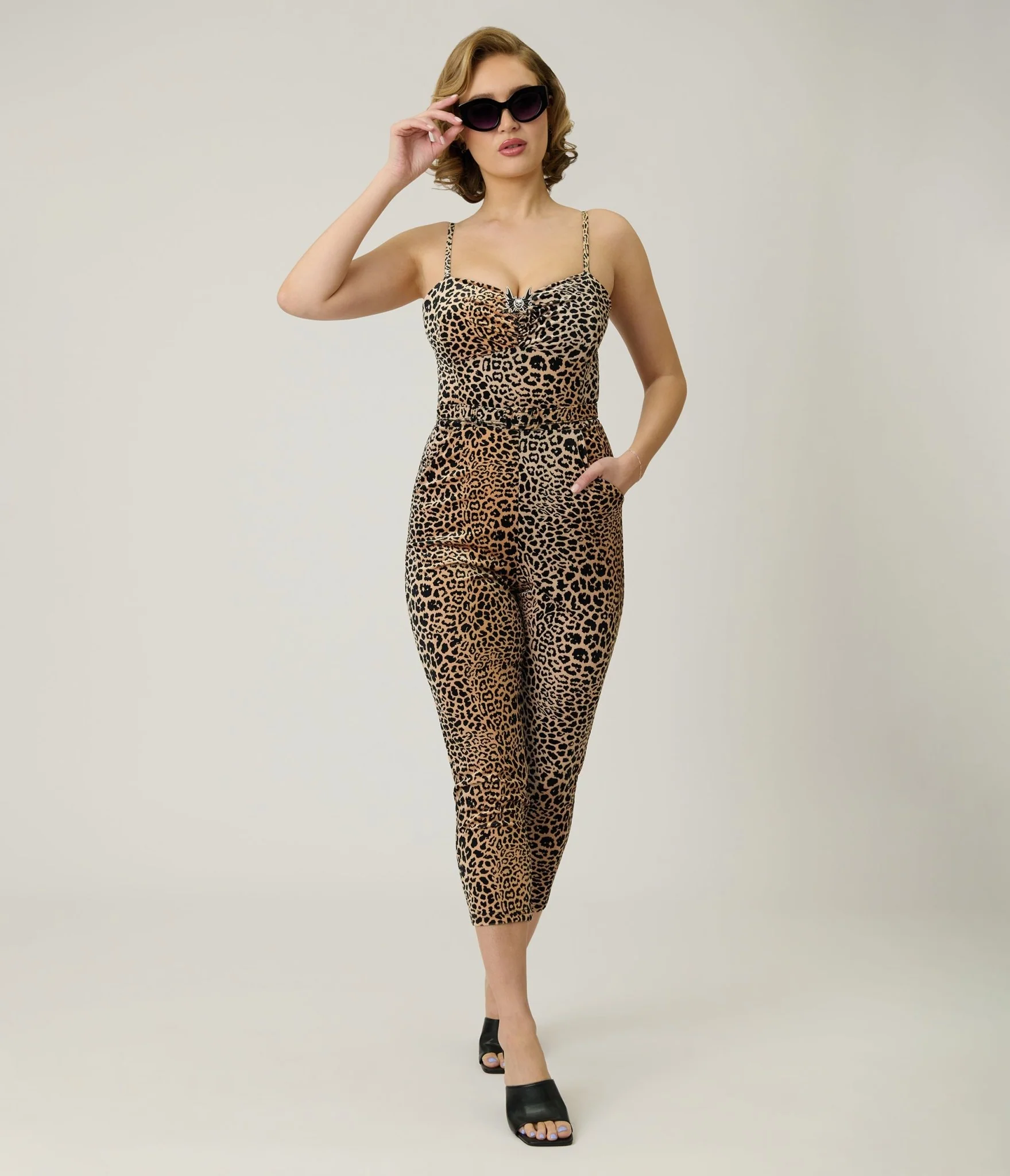 Elvira x Unique Vintage Leopard Print & Skull Pin Belted Velvet Jumpsuit - Image 4