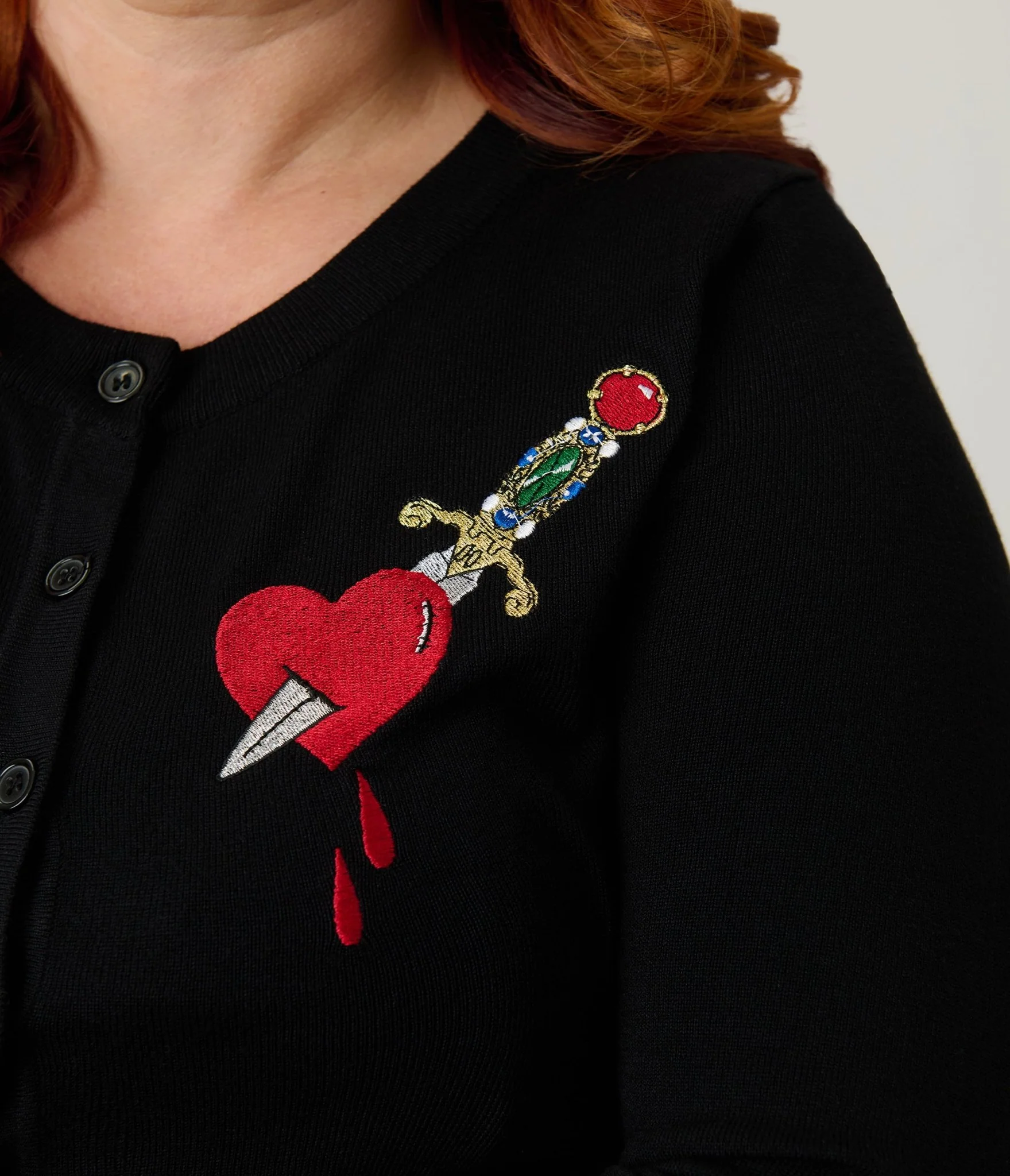 Elvira x Unique Vintage Plus Size Black Heart Dagger Cardigan - Image 4