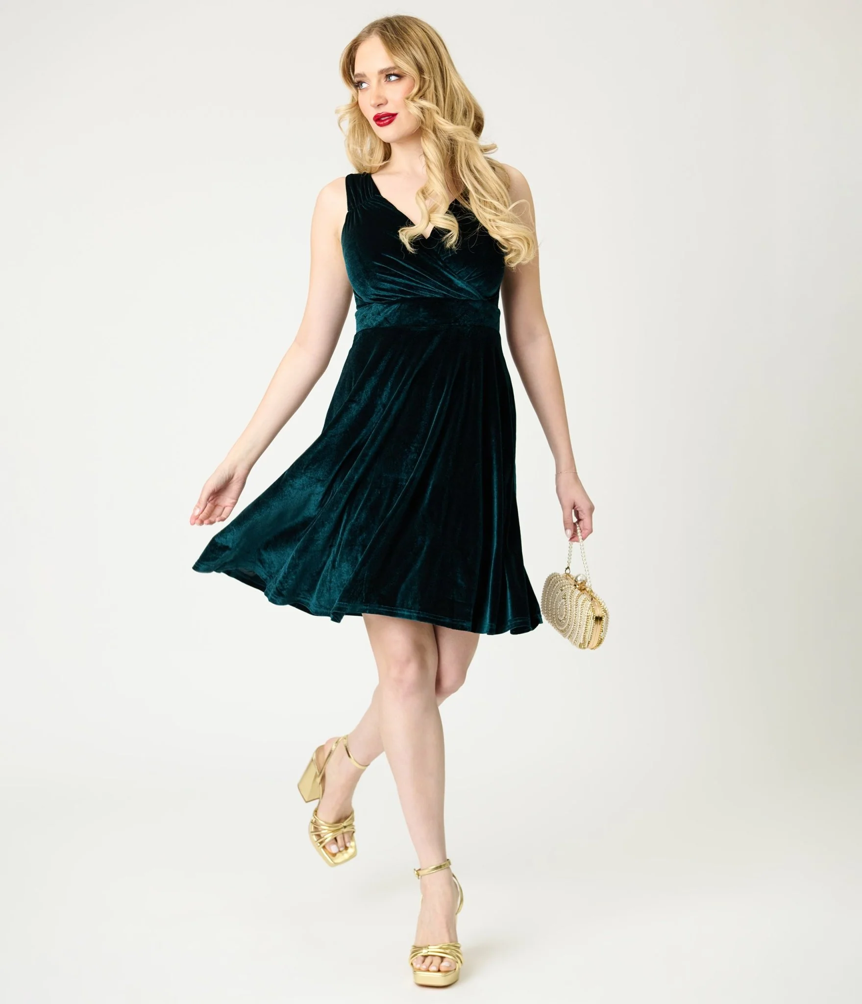 Emerald Velvet Sleeveless Flare Dress