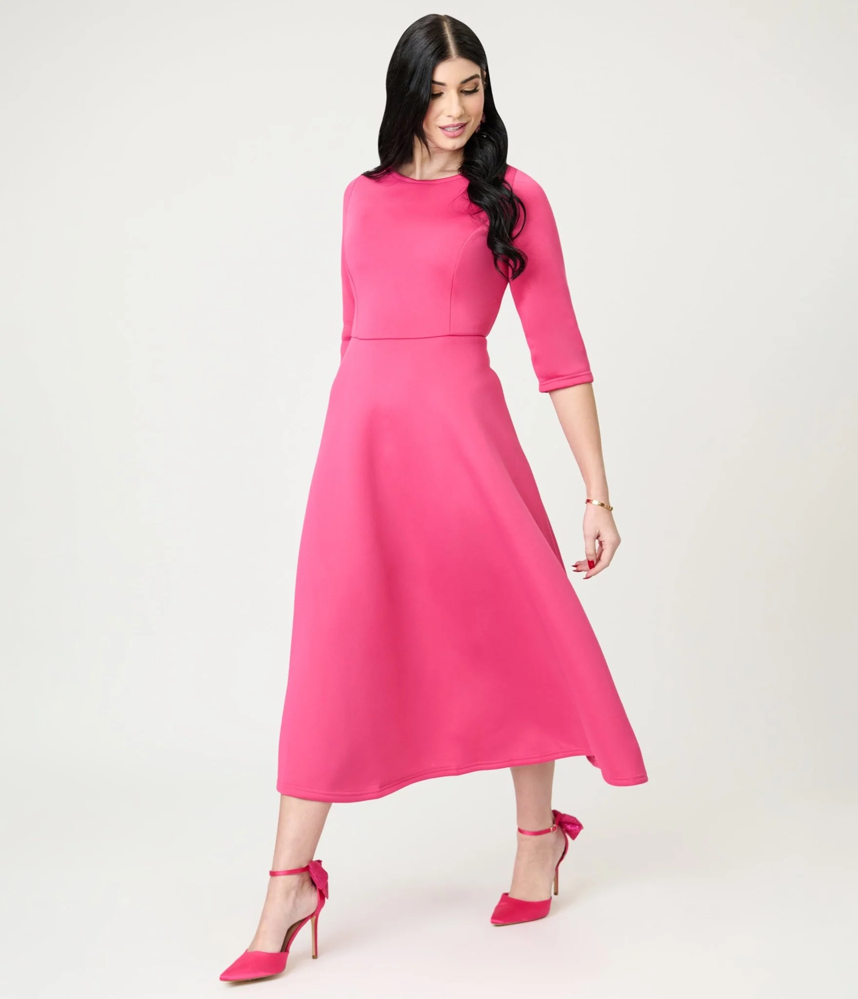 Fuchsia Three Quarter Length Sleeve Midi Dress - Image 3