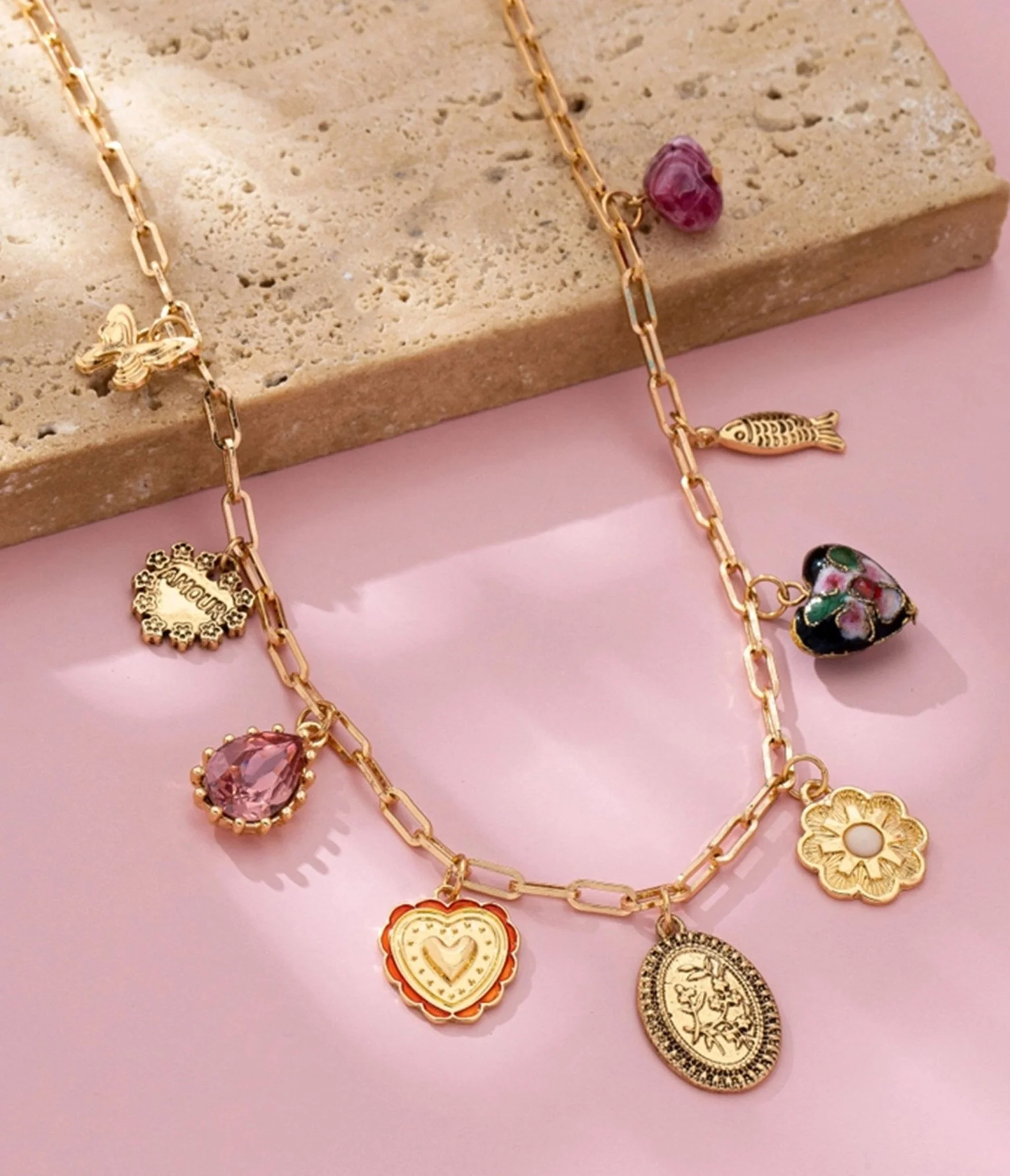 Gold Tone Multi Charm Necklace - Image 3