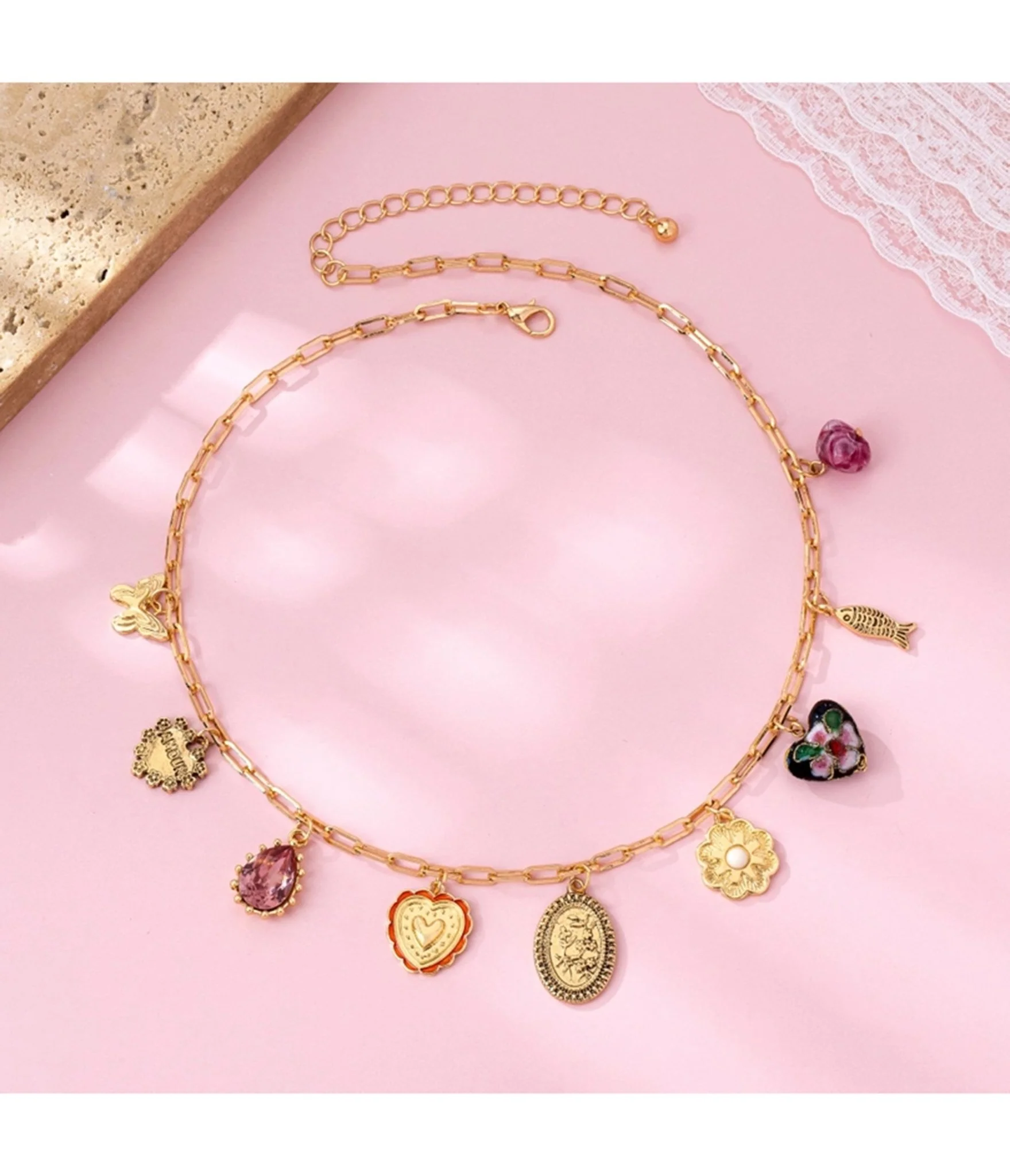 Gold Tone Multi Charm Necklace - Image 5