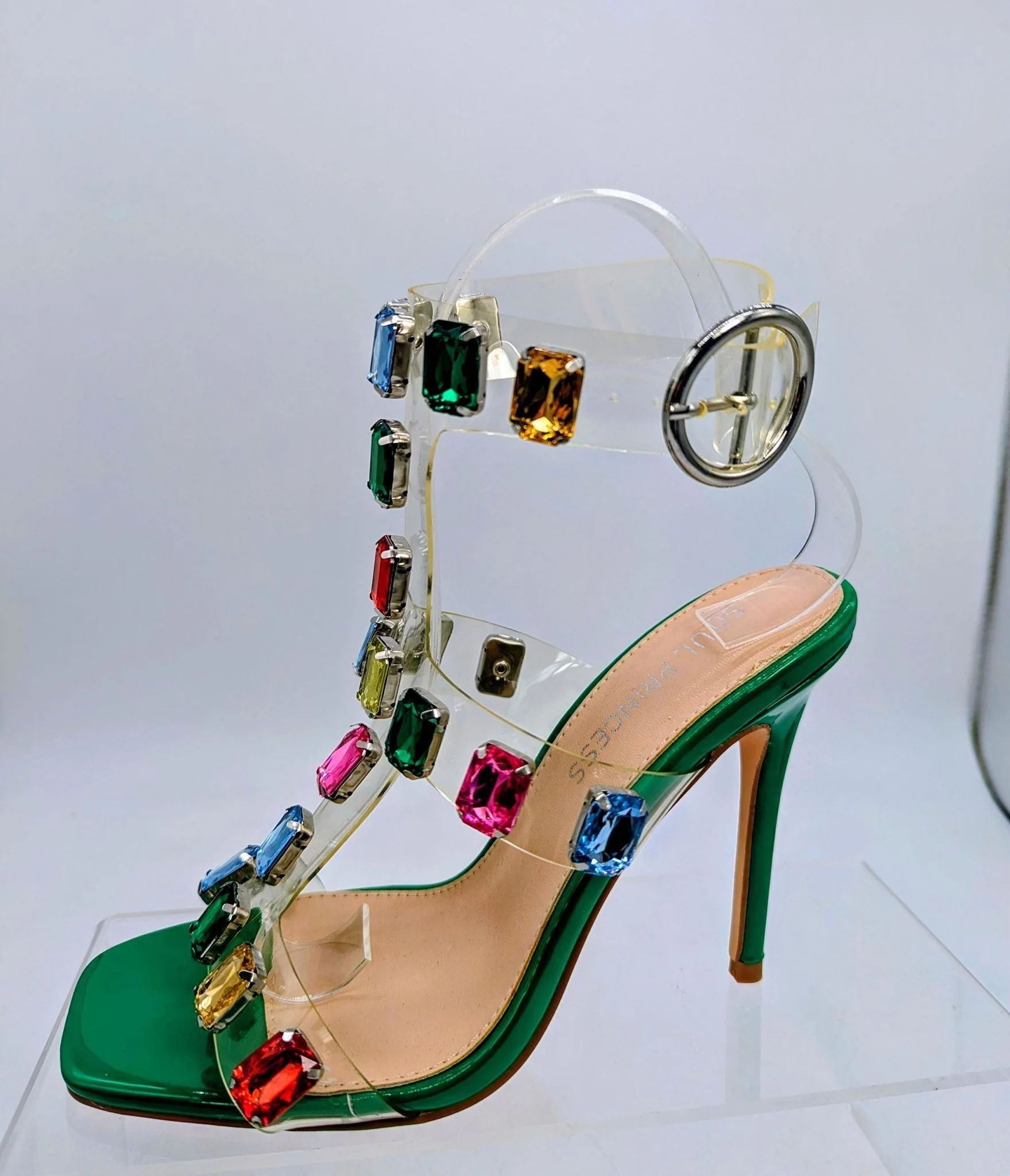 Green & Rainbow Jewel Rhinestone Heel Sandals