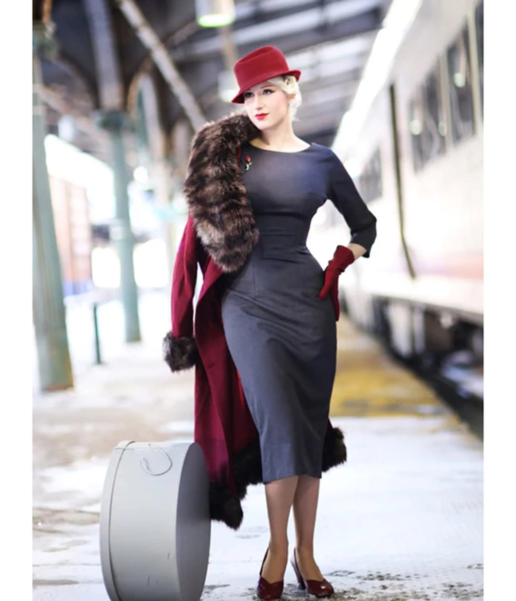 Heart My Closet Grey Pleated Back Deborah Pencil Dress - Image 3