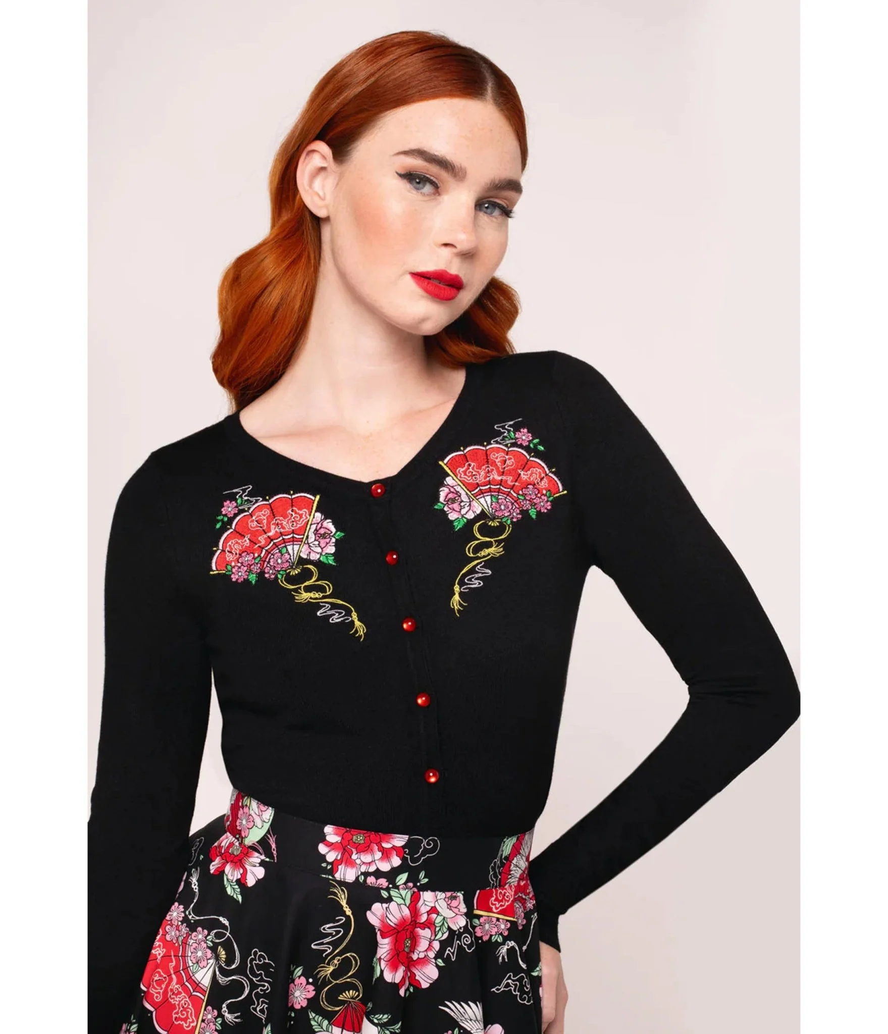Hell Bunny Black Fan & Floral Embroidered Yuna Cardigan - Image 3