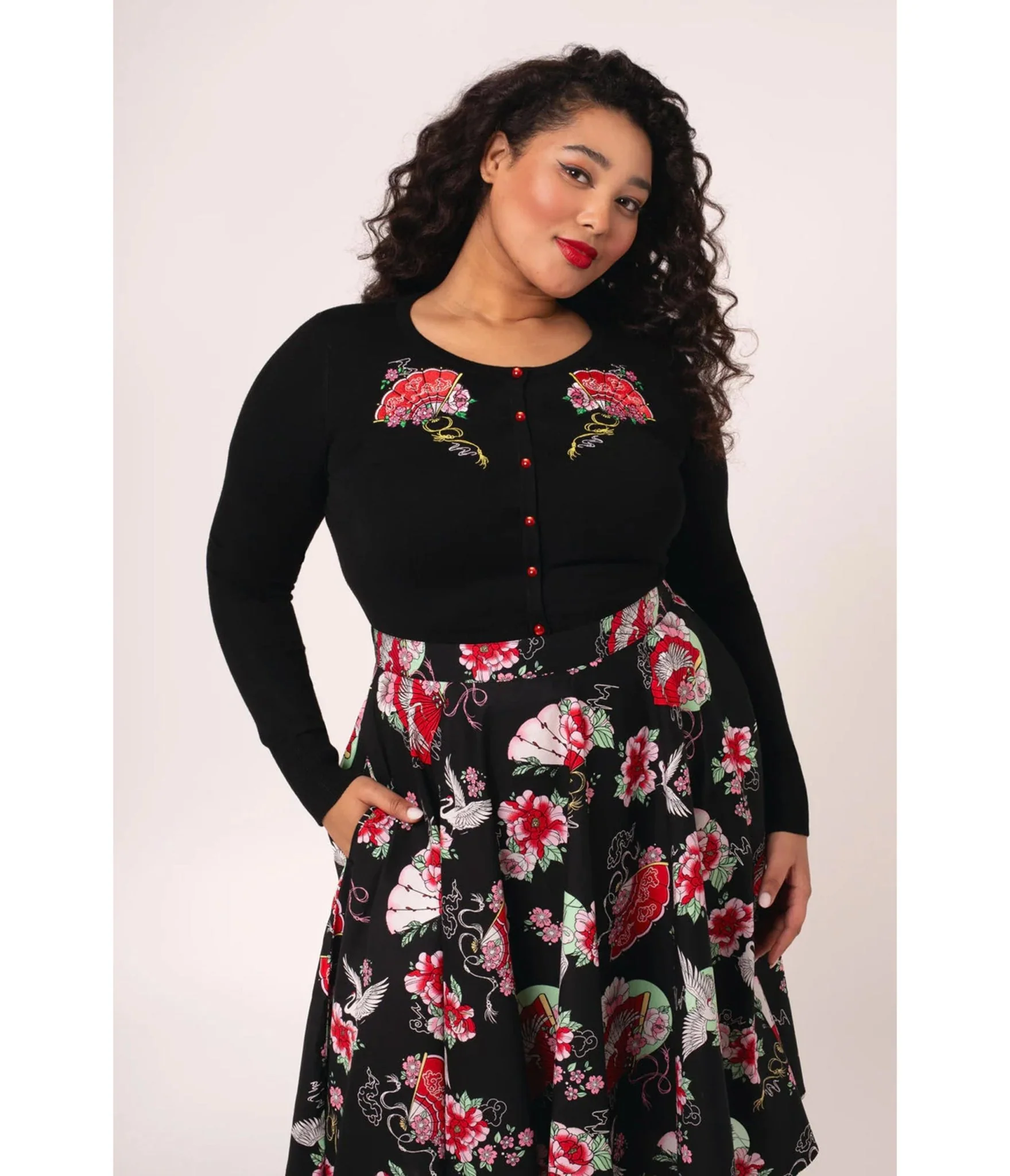 Hell Bunny Plus Size Black Fan & Floral Embroidered Yuna Cardigan