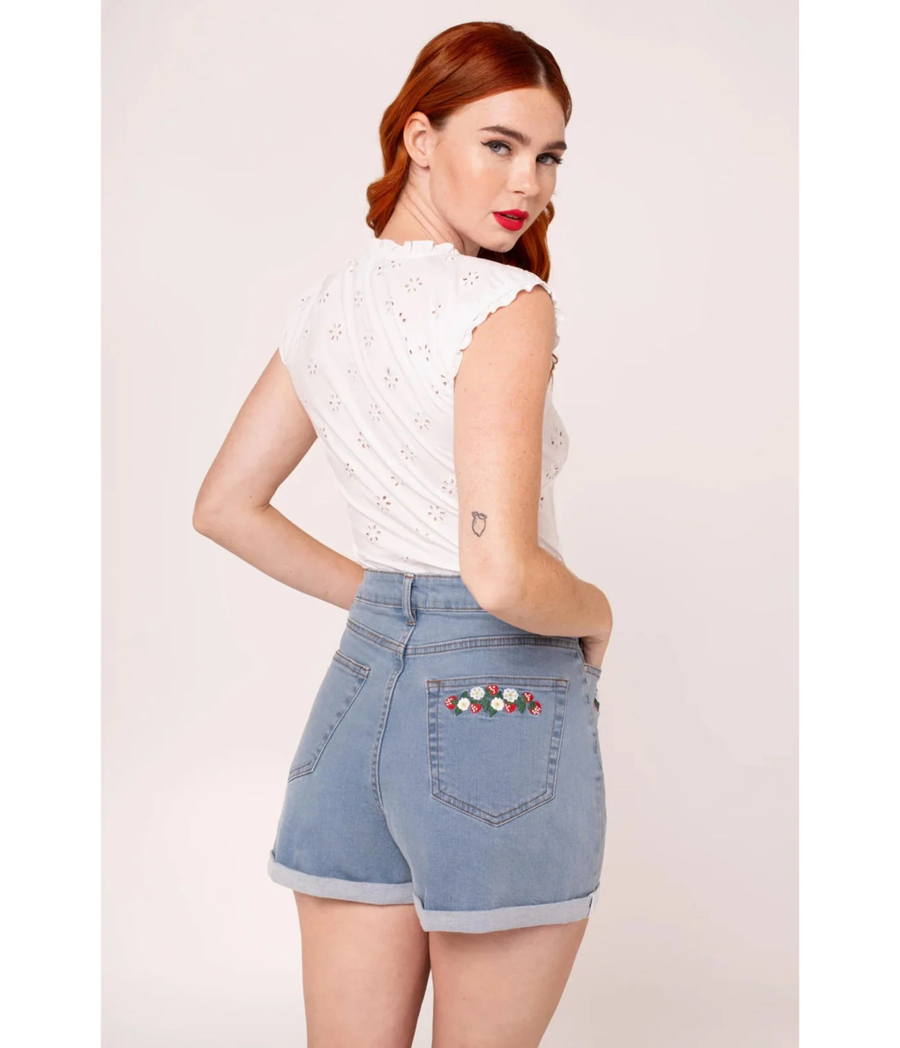 Hell Bunny Strawberry & Light Denim Shorts - Image 2