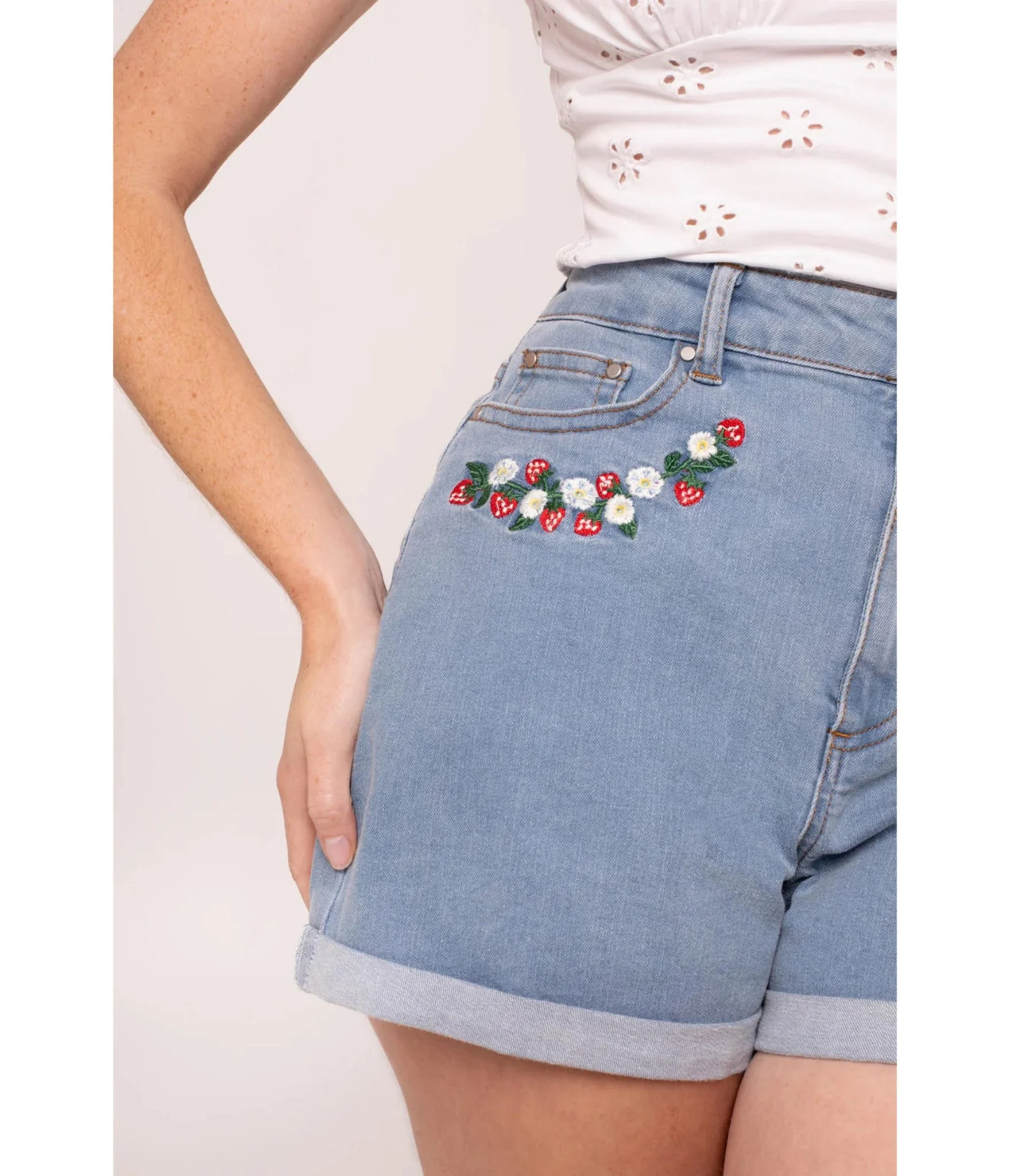 Hell Bunny Strawberry & Light Denim Shorts - Image 3
