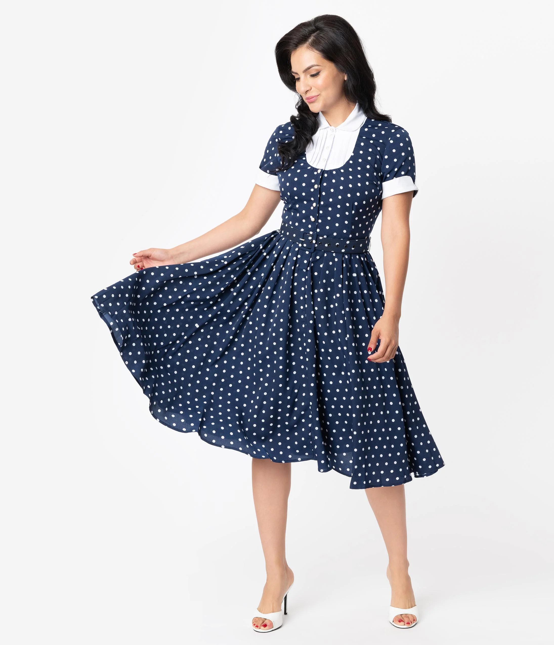 Unique Vintage Navy & White Polka Dot Ricardo Swing Dress