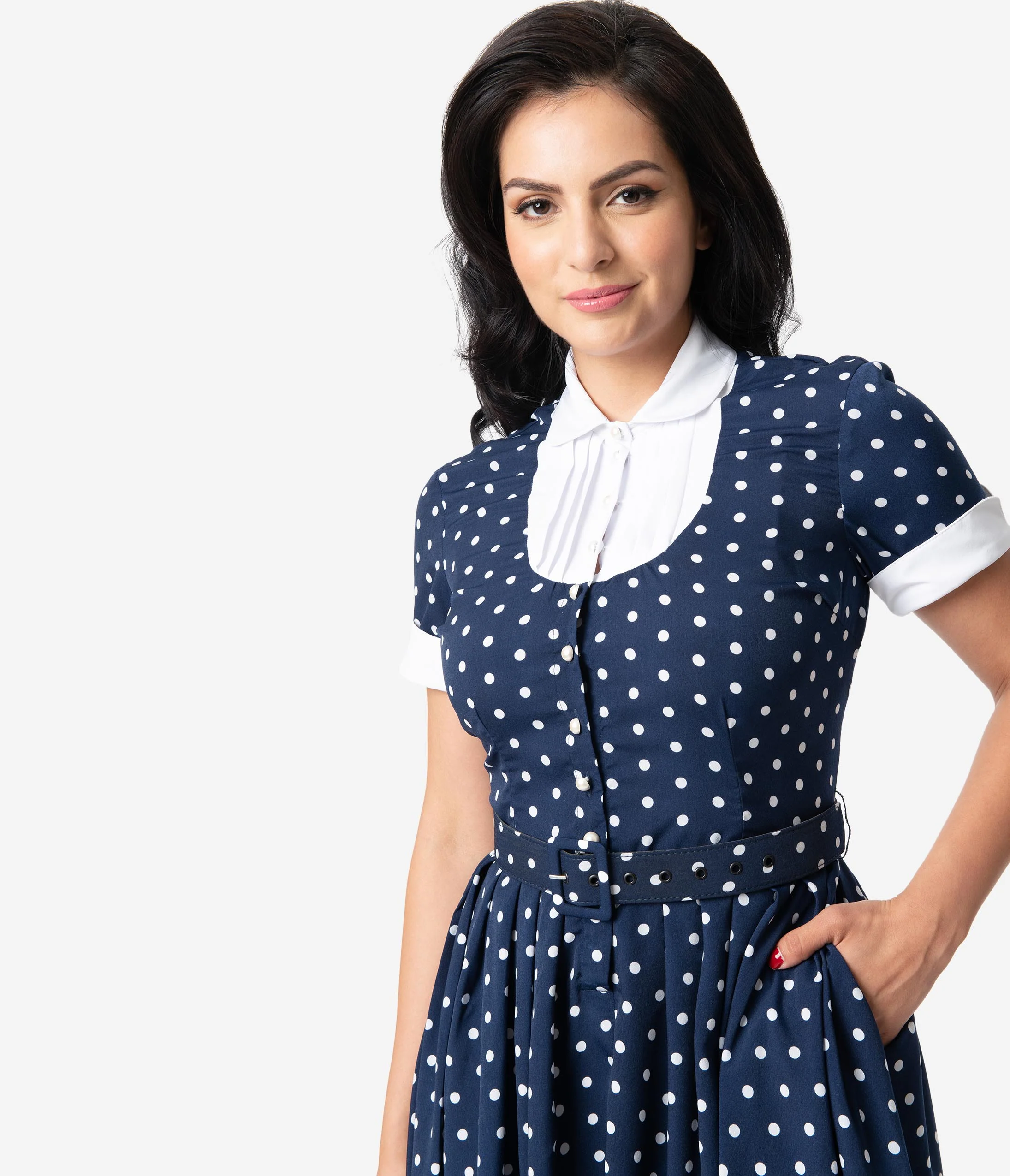 Unique Vintage Navy & White Polka Dot Ricardo Swing Dress - Image 3