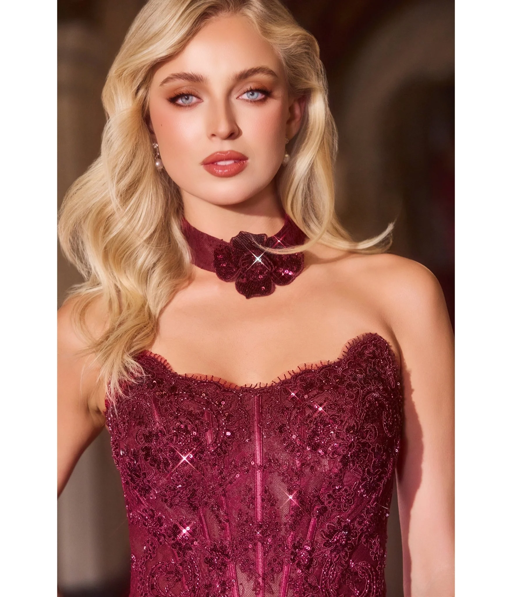 LaDivine by Cinderella Divine Burgundy Strapless Beaded Lace Applique Evening Gown - Image 3