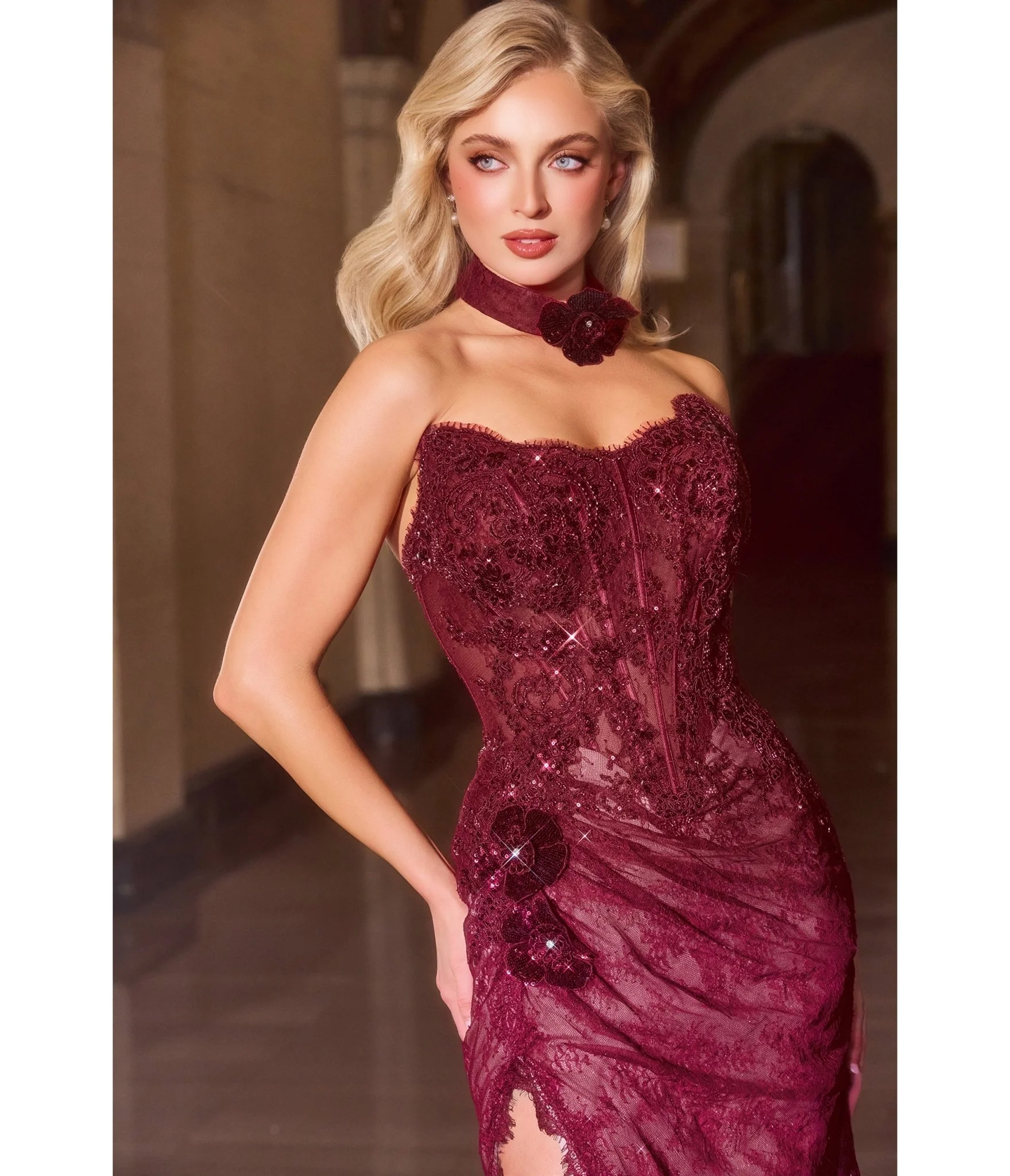 LaDivine by Cinderella Divine Burgundy Strapless Beaded Lace Applique Evening Gown - Image 4