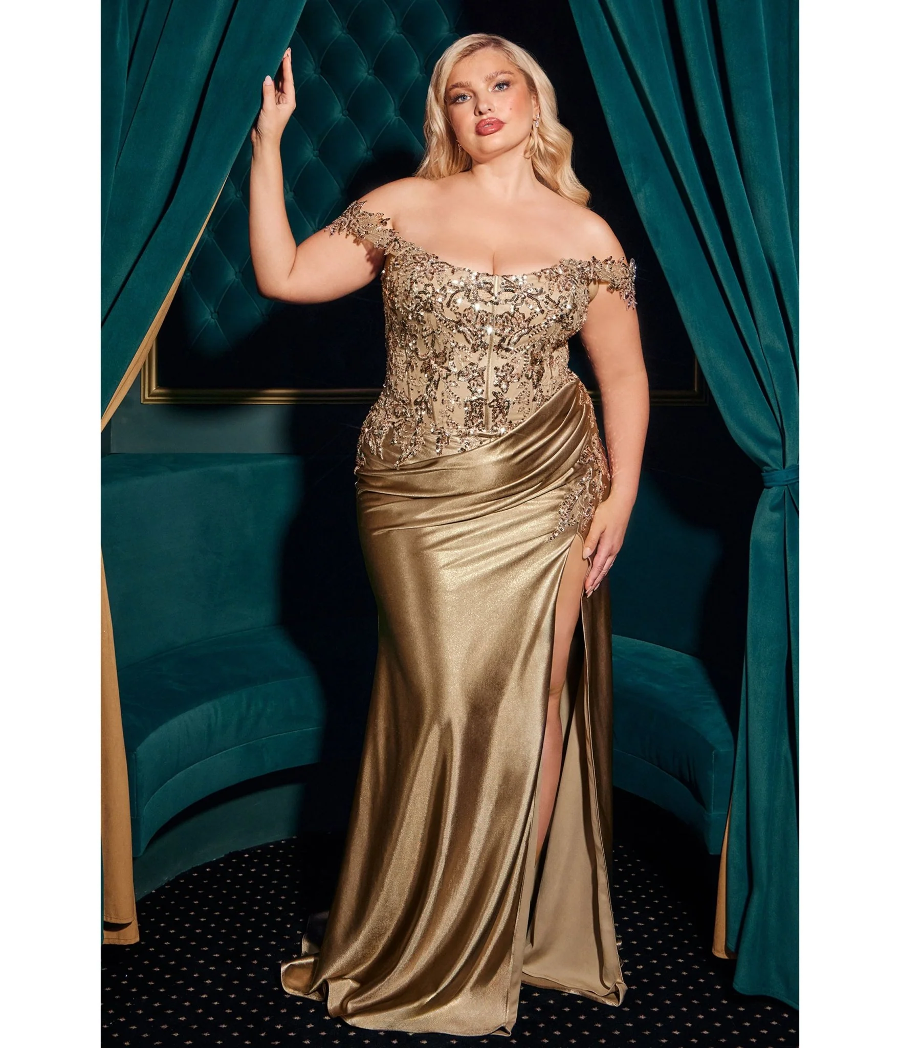 LaDivine by Cinderella Divine Mocha Gold Convertible Strapless Beaded Lace Applique Gown