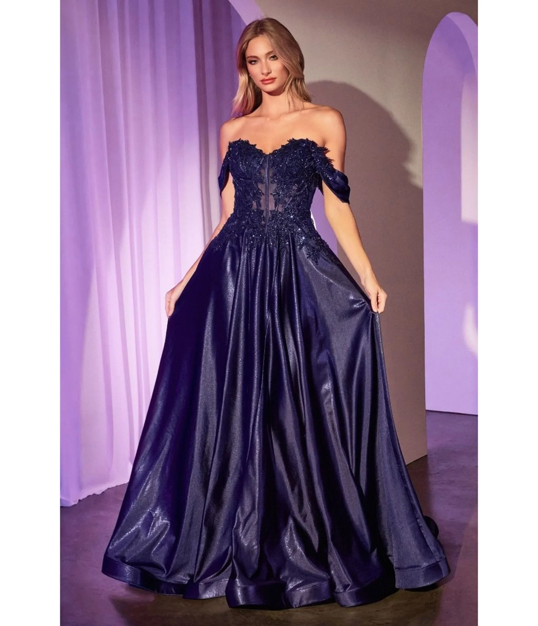 LaDivine by Cinderella Divine Navy Convertible Strapless Beaded Lace Appliques Gown