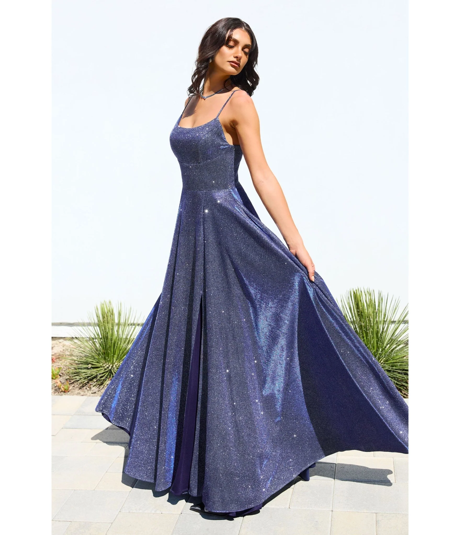 LaDivine by Cinderella Divine Navy Scoop Neck Iridescent Stretch Glitter Prom Gown - Image 2