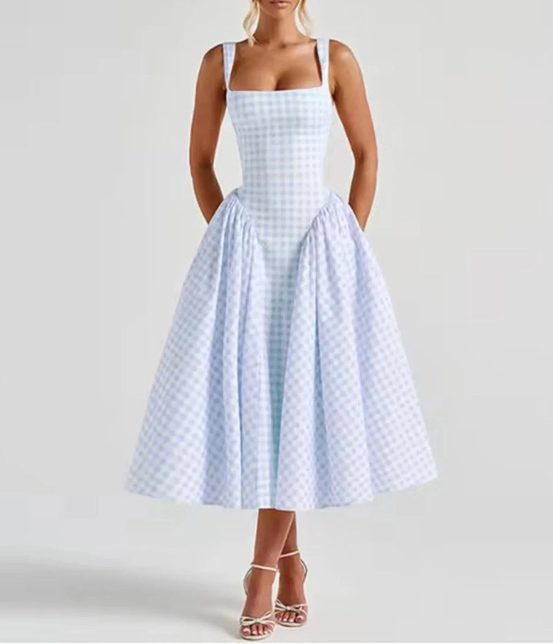 Light Blue Gingham Midi Dress