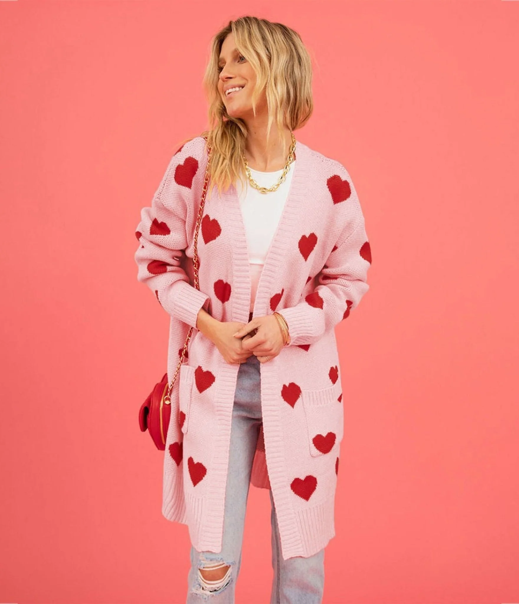 Light Pink & Red Heart Long Cardigan