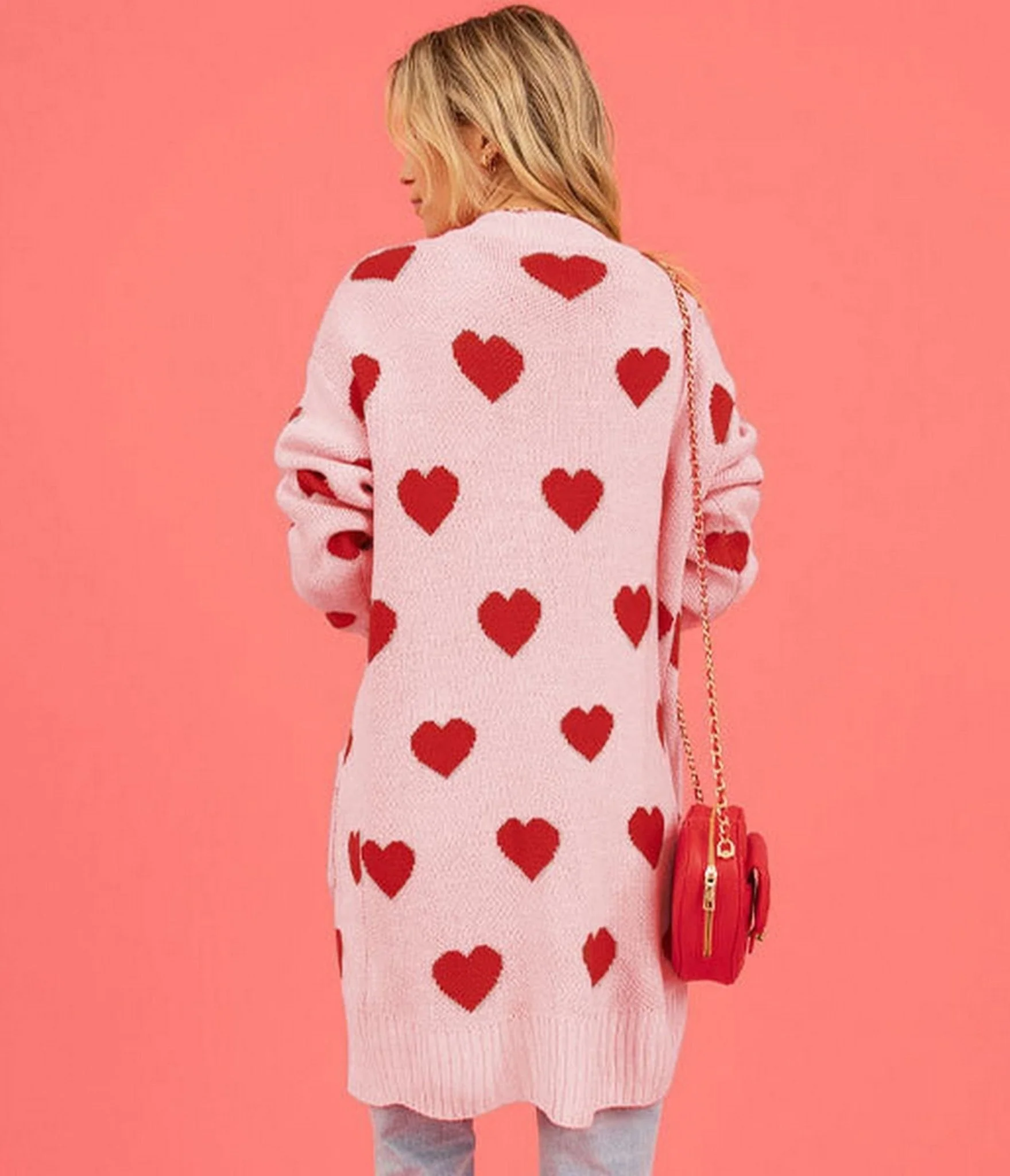 Light Pink & Red Heart Long Cardigan - Image 2