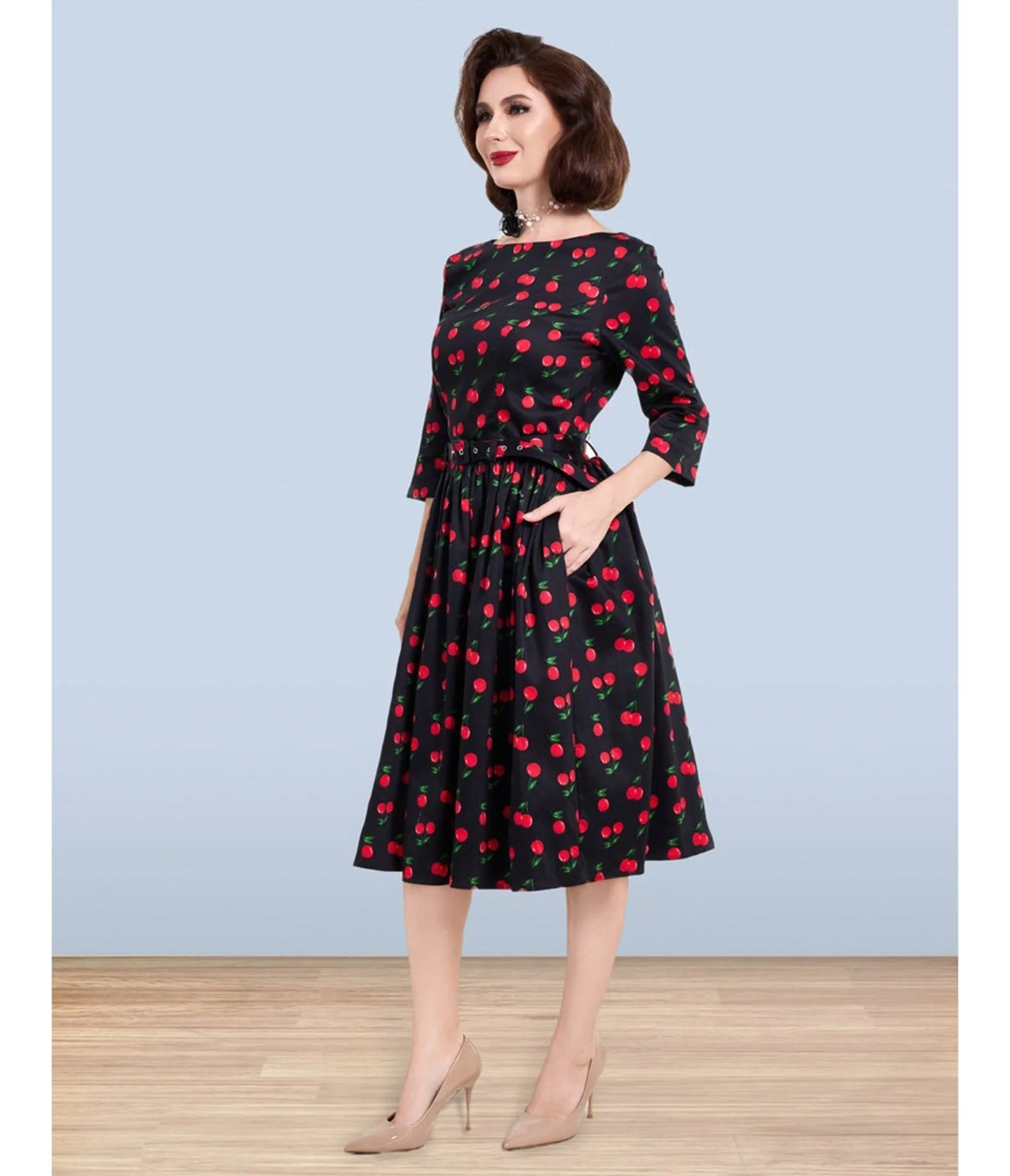 Lindy Bop Black Cherry Print Audrey Dress - Image 4