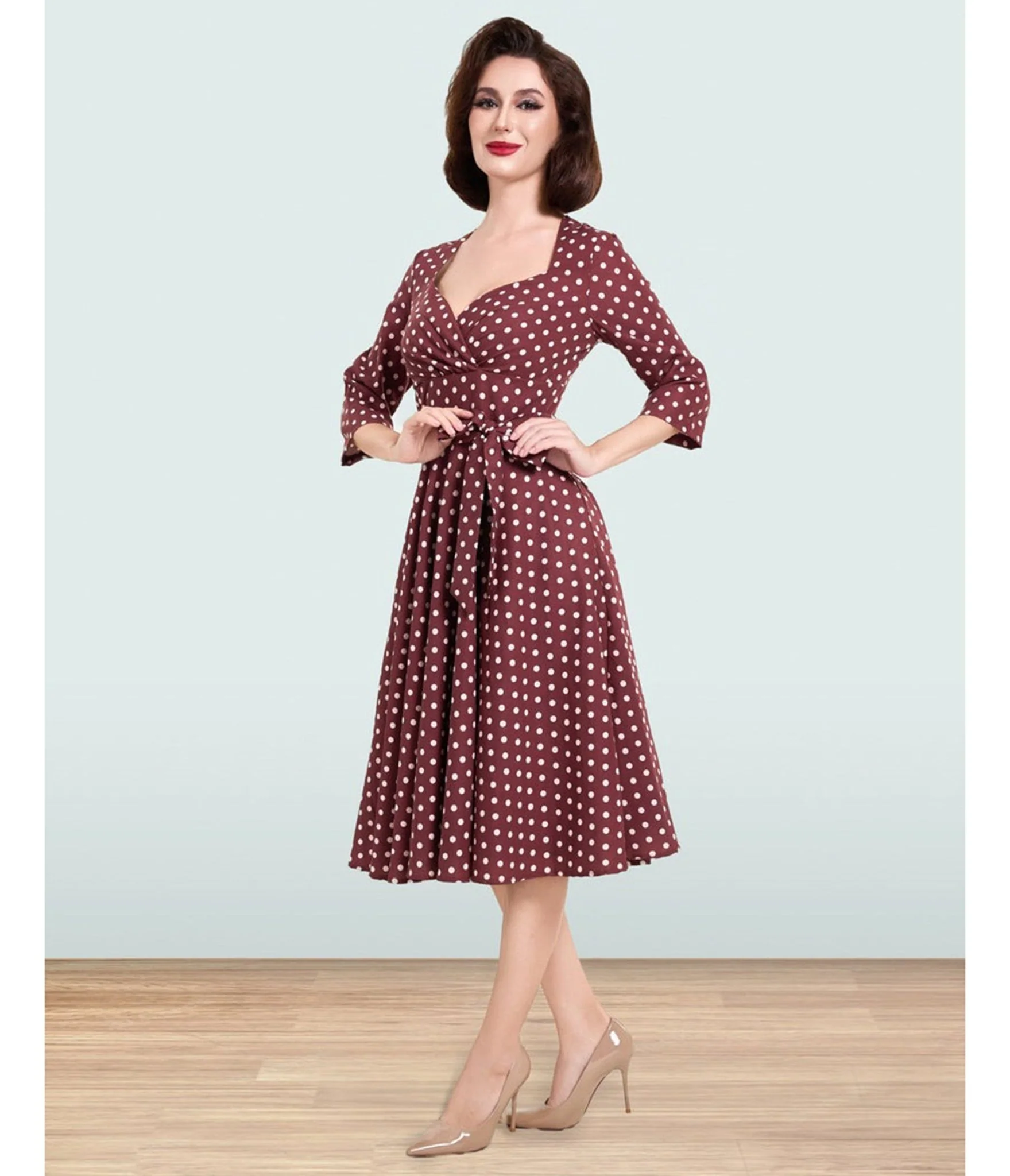 Lindy Bop Brown Polka Dot Rita Flared Dress - Image 3