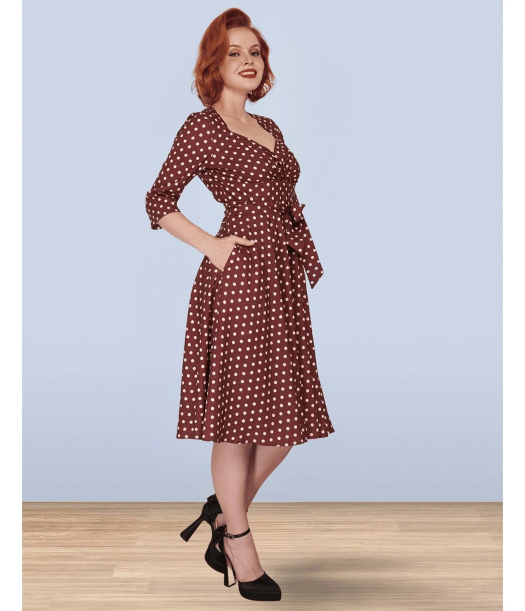 Lindy Bop Brown Polka Dot Rita Flared Dress - Image 5