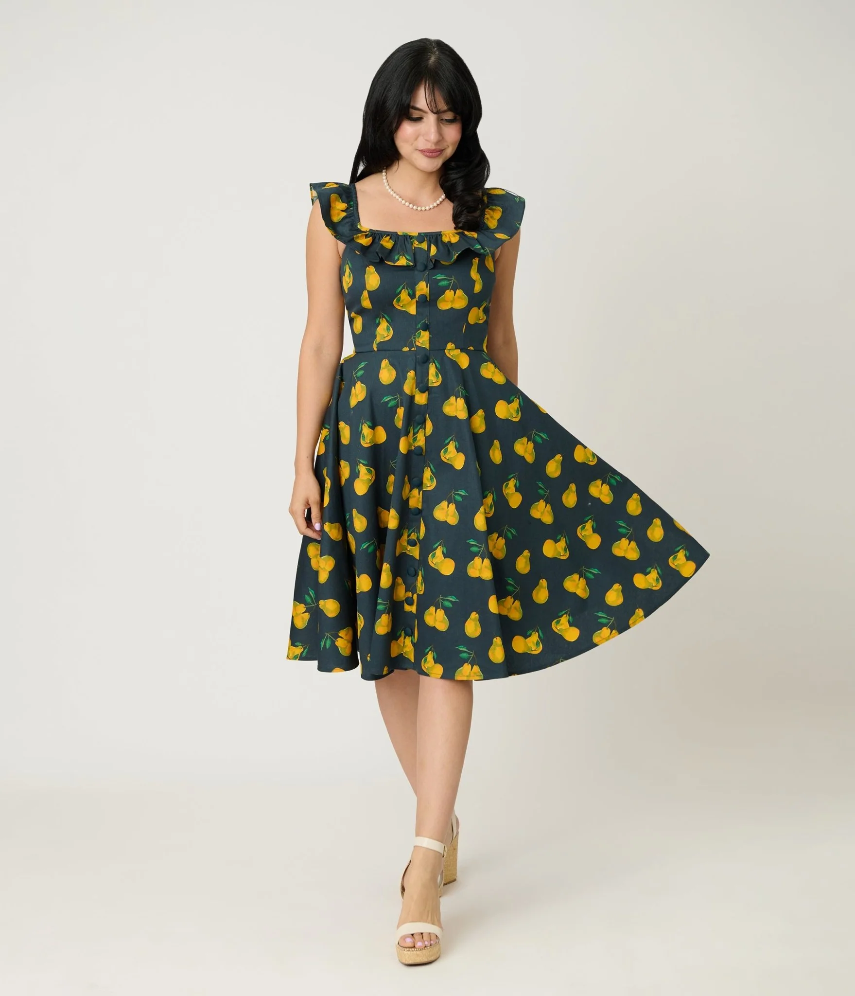 Magnolia Place Black & Yellow Pear Print Barbara Swing Dress