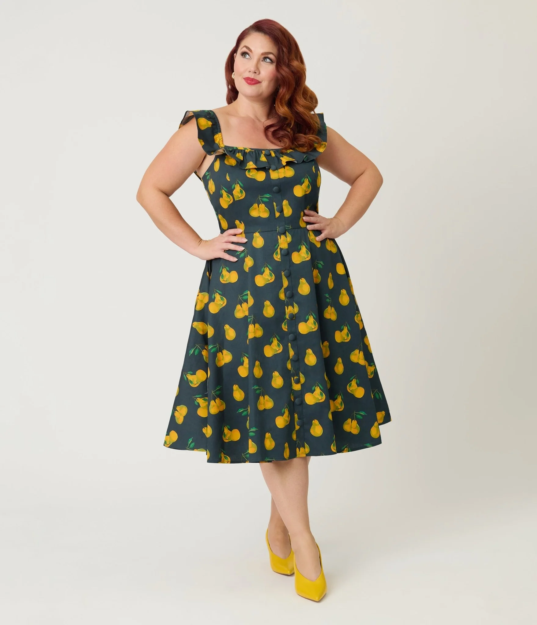 Magnolia Place Plus Size Black & Yellow Pear Print Barbara Swing Dress - Image 3