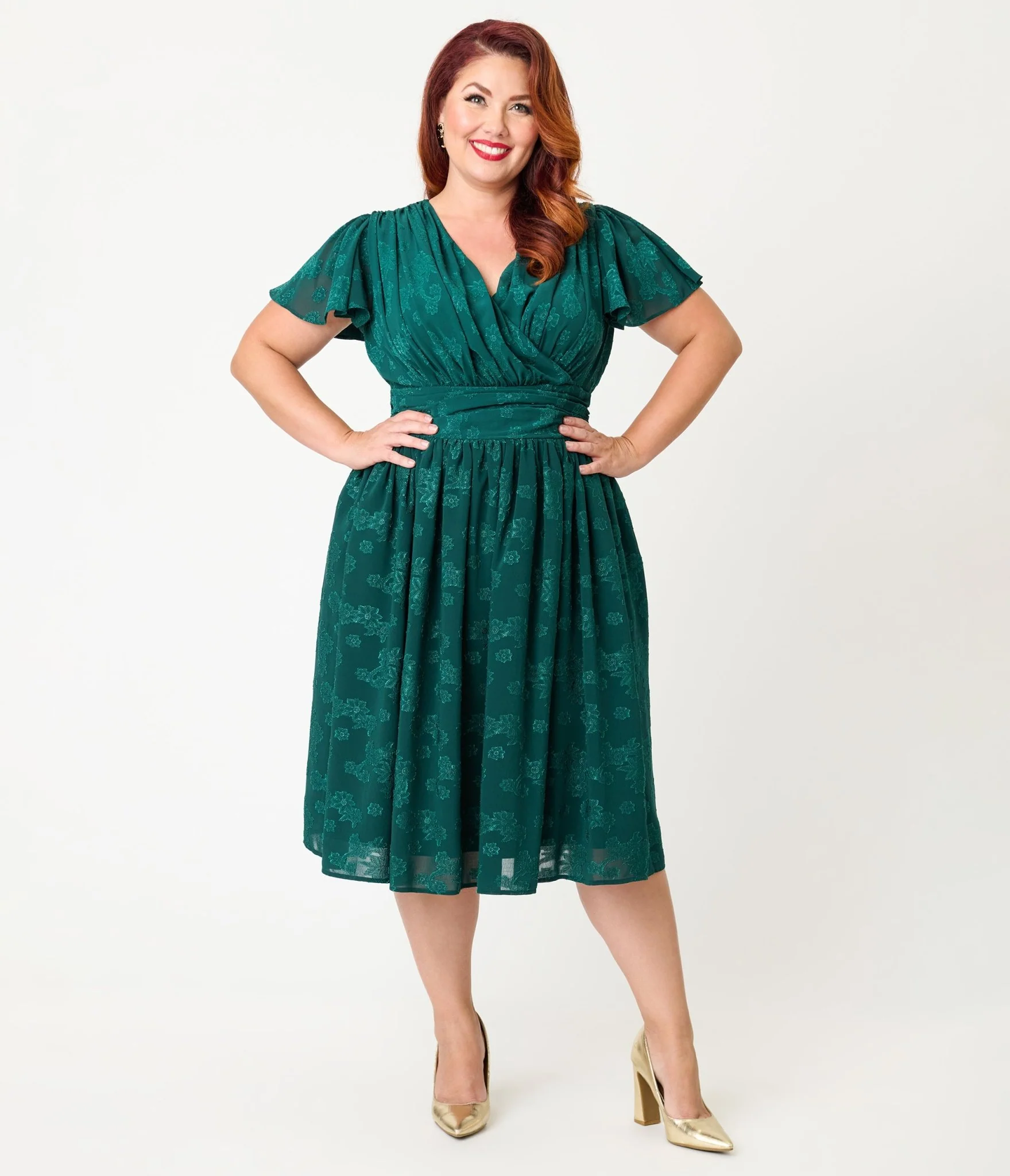 Magnolia Place Plus Size Emerald Floral Jacquard Midori Swing Dress - Image 3