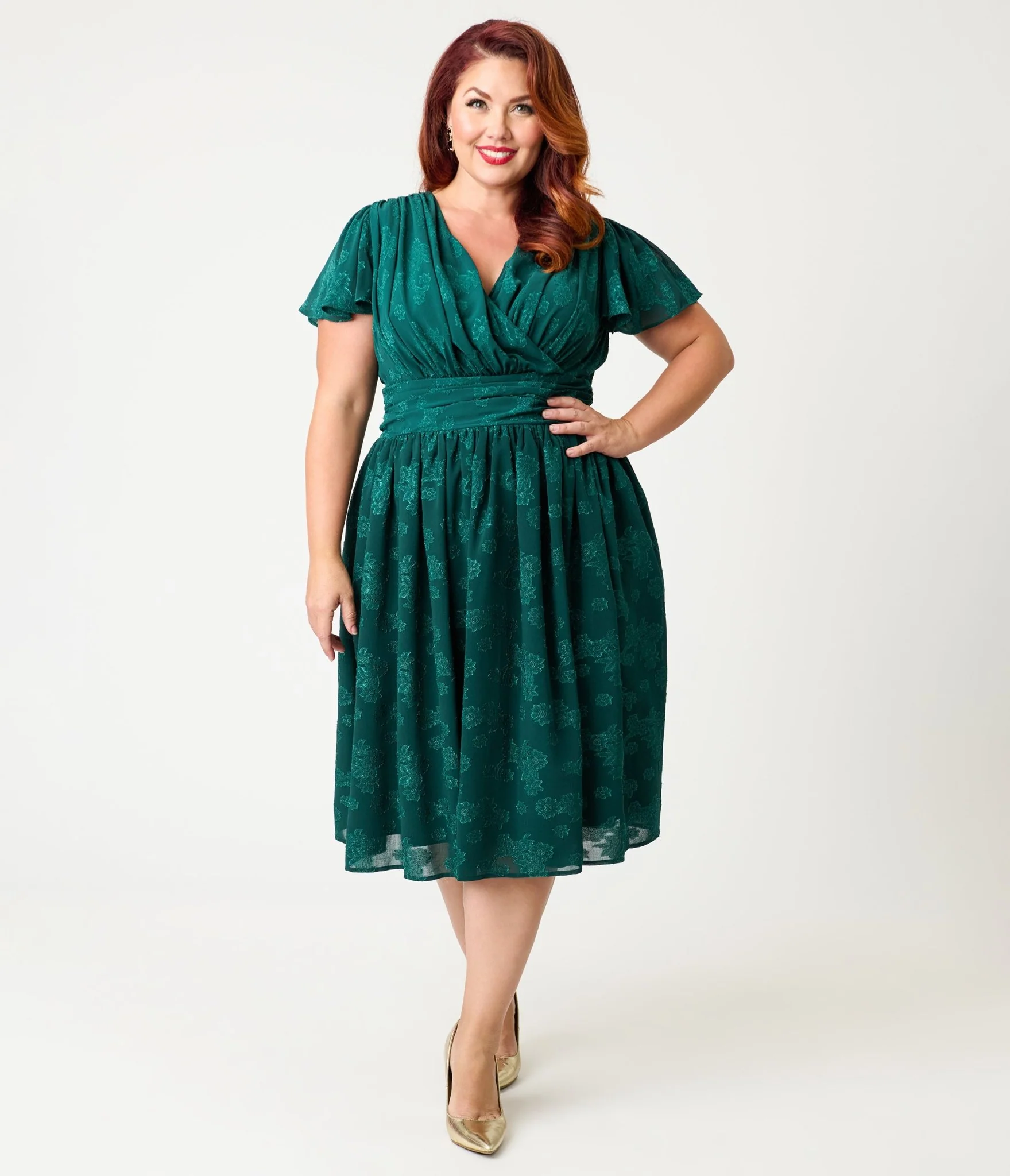 Magnolia Place Plus Size Emerald Floral Jacquard Midori Swing Dress - Image 4