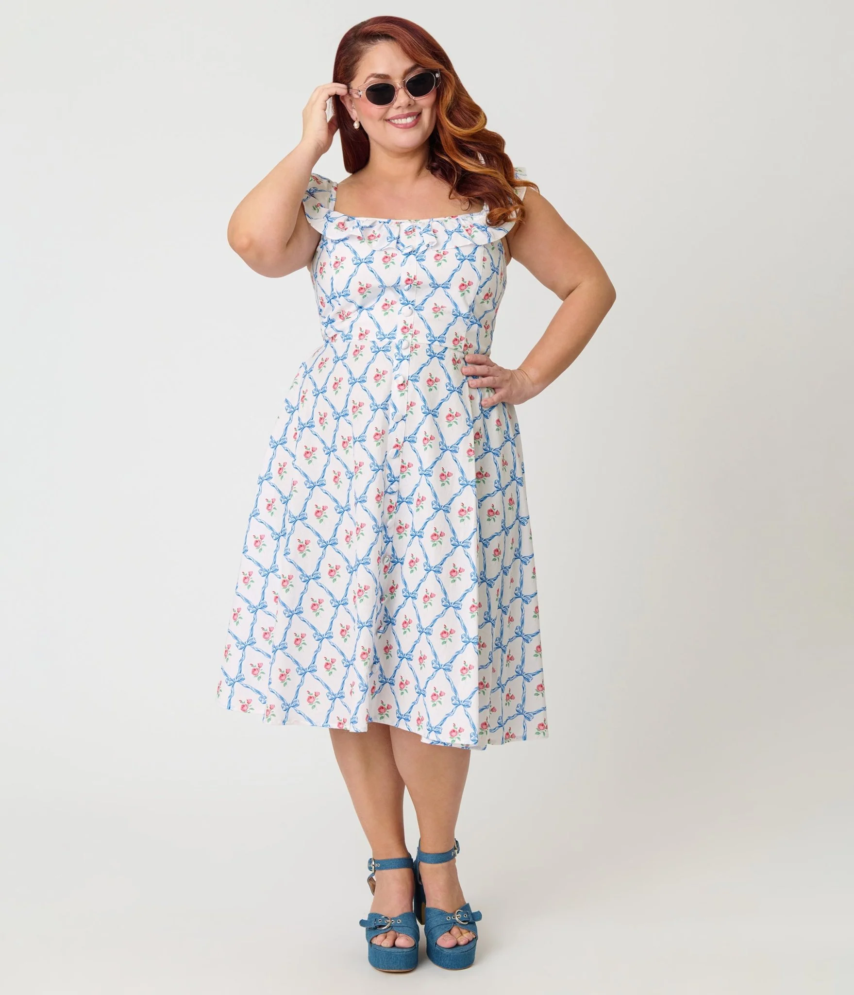 Magnolia Place Plus Size White & Rose Trellis Barbara Swing Dress - Image 3